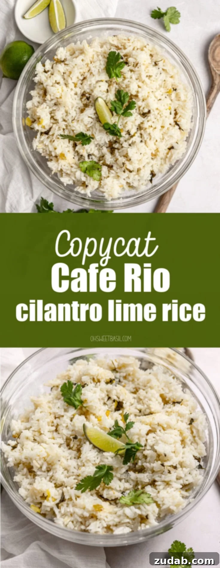Restaurant-Quality Cilantro Lime Rice Just Like Café Rio 18 A full-frame, tantalizing photo of a large glass serving bowl filled with Cafe Rio-style cilantro lime rice, generously topped with fresh chopped cilantro and a vibrant lime wedge. The image showcases the fluffy texture and inviting appeal of the rice, ready to be enjoyed.