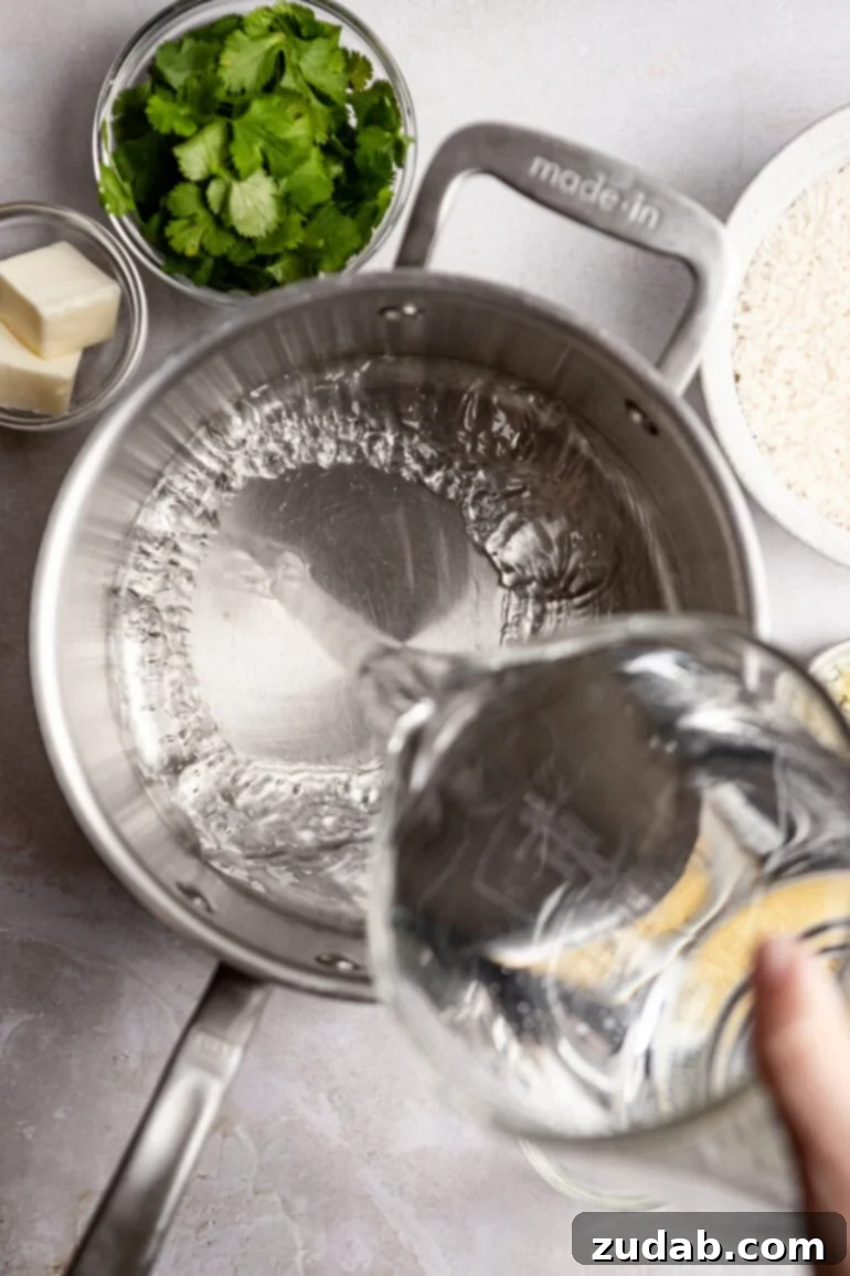 Restaurant-Quality Cilantro Lime Rice Just Like Café Rio 5 The initial step of adding water to a saucepan, ready for the rice and other ingredients.