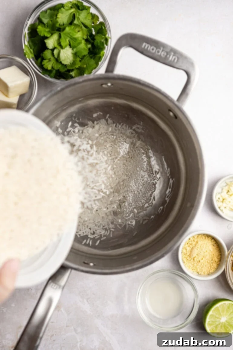 Restaurant-Quality Cilantro Lime Rice Just Like Café Rio 6 Raw rice grains being added to the water in the saucepan, preparing for cooking.
