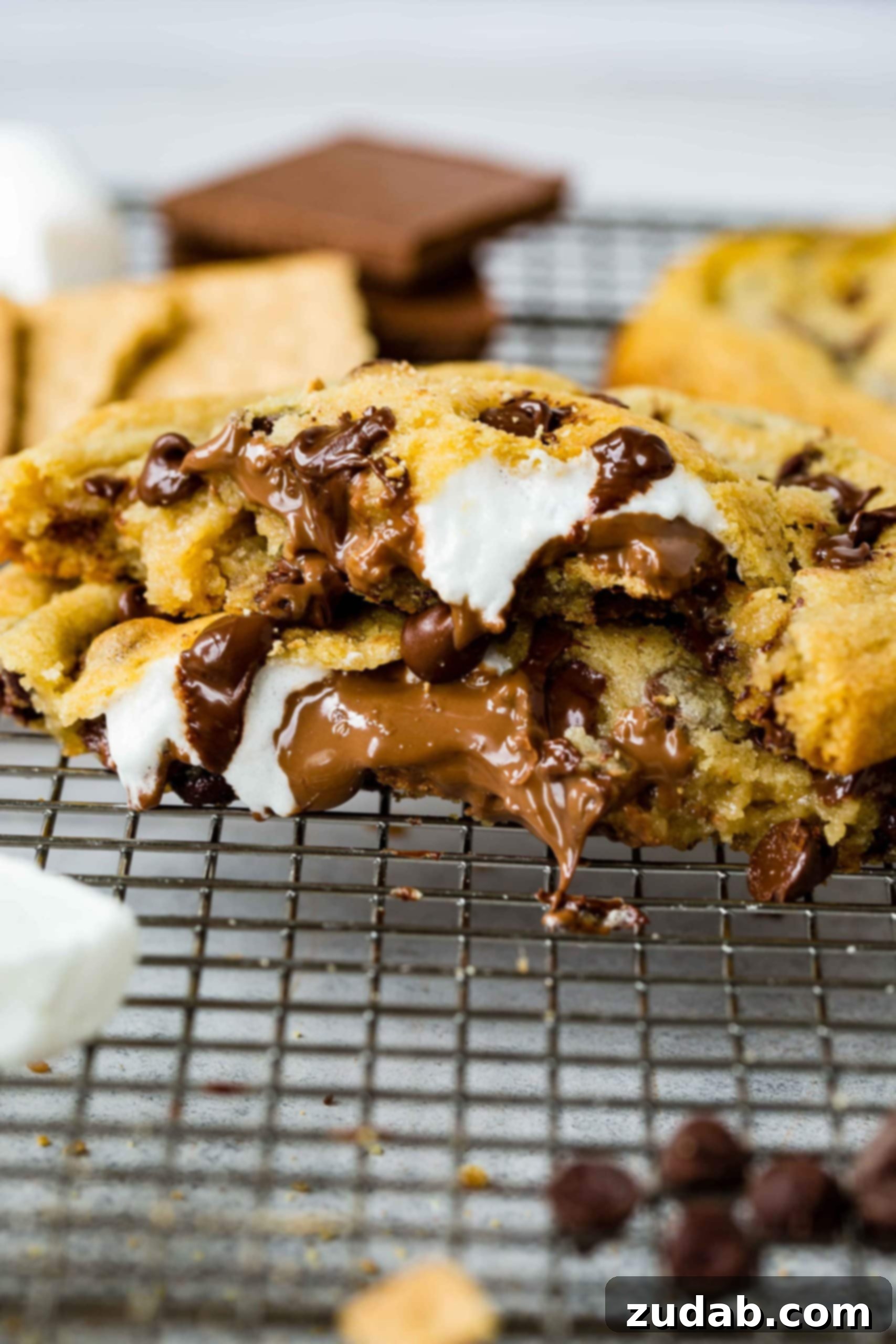 S’mores Stuffed Chocolate Chip Cookies A s'mores stuffed chocolate chip cookie broken in half, revealing the luscious layers of melted chocolate, marshmallow, and graham cracker nestled within the soft, chocolate chip-laden cookie. It's a truly decadent sight.