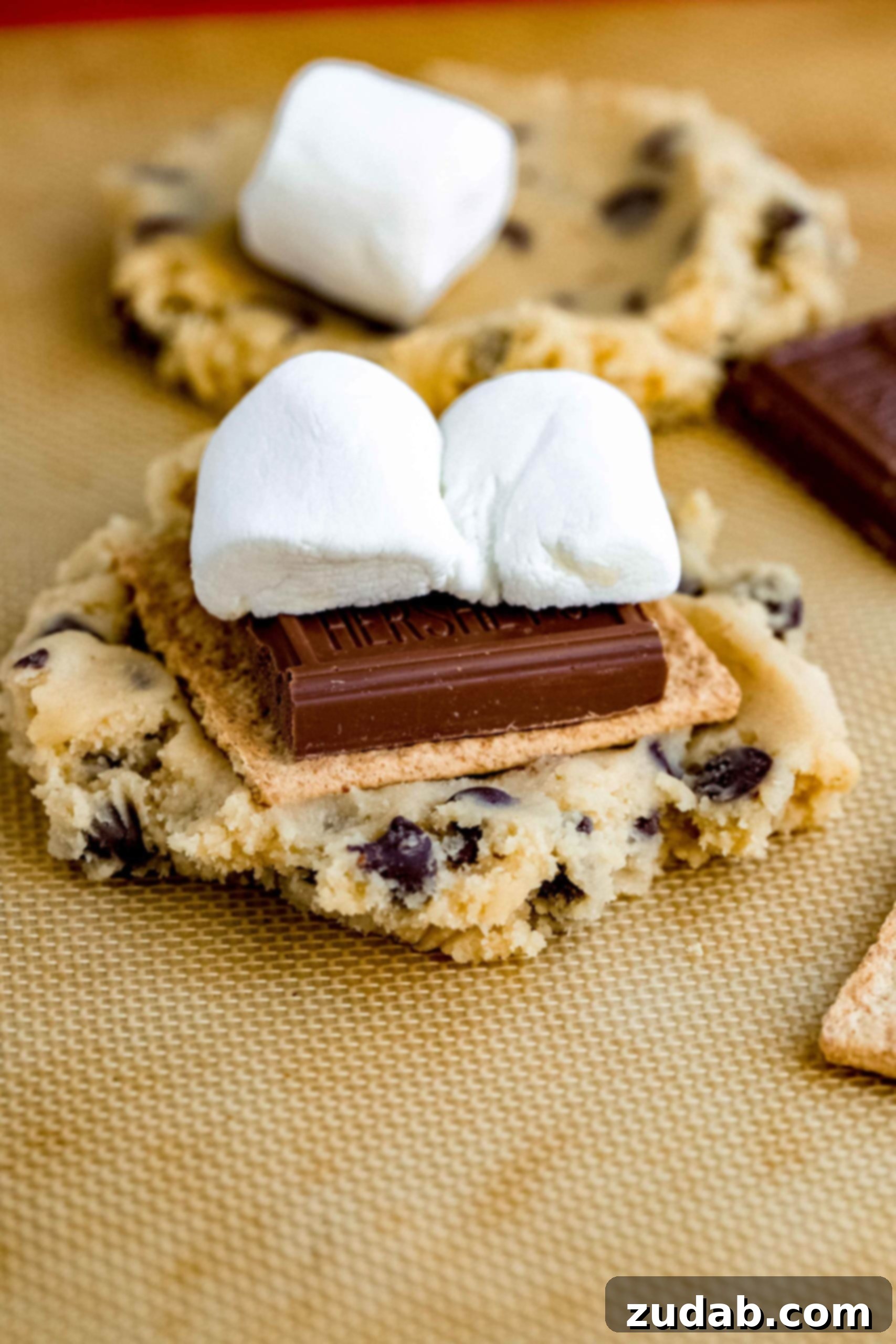 S’mores Stuffed Chocolate Chip Cookies A beautifully baked chocolate chip cookie topped with a piece of graham cracker, a chocolate bar segment, and a fluffy marshmallow, with other cookies and marshmallows blurred in the background, showcasing the s'mores components.