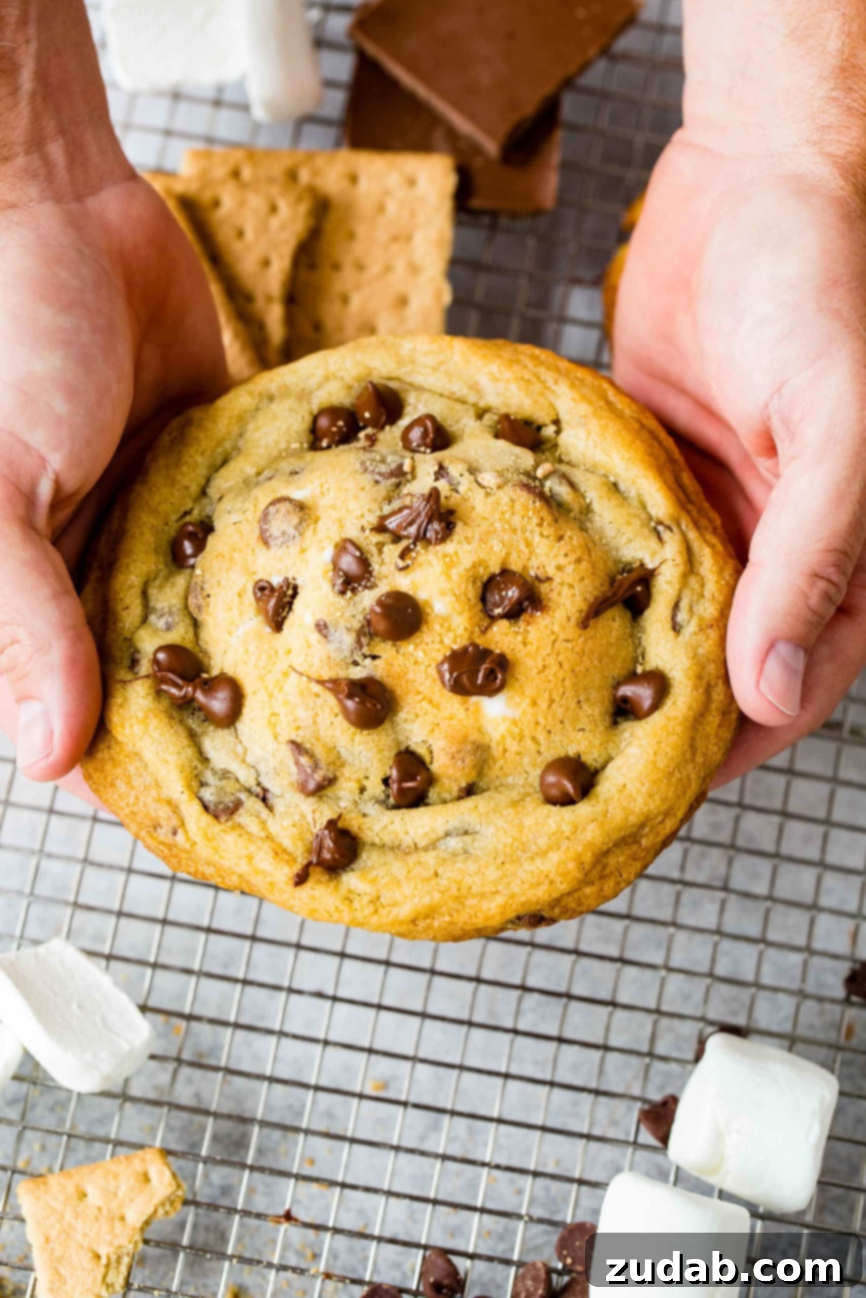 S’mores Stuffed Chocolate Chip Cookies Two hands are holding a large, freshly baked S'mores Stuffed Chocolate Chip Cookie, richly studded with chocolate chips. In the background, graham crackers and marshmallows are visible on a cooling rack, suggesting the delightful ingredients.