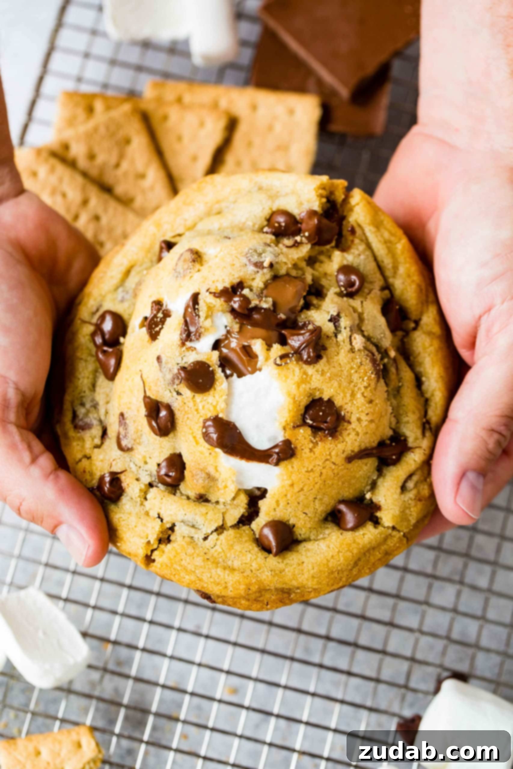 S’mores Stuffed Chocolate Chip Cookies A large, s'mores stuffed chocolate chip cookie being pulled apart, showcasing the incredibly melted marshmallow and chocolate inside. The cookie is generously filled, with graham cracker pieces visible on the cooling rack beneath.