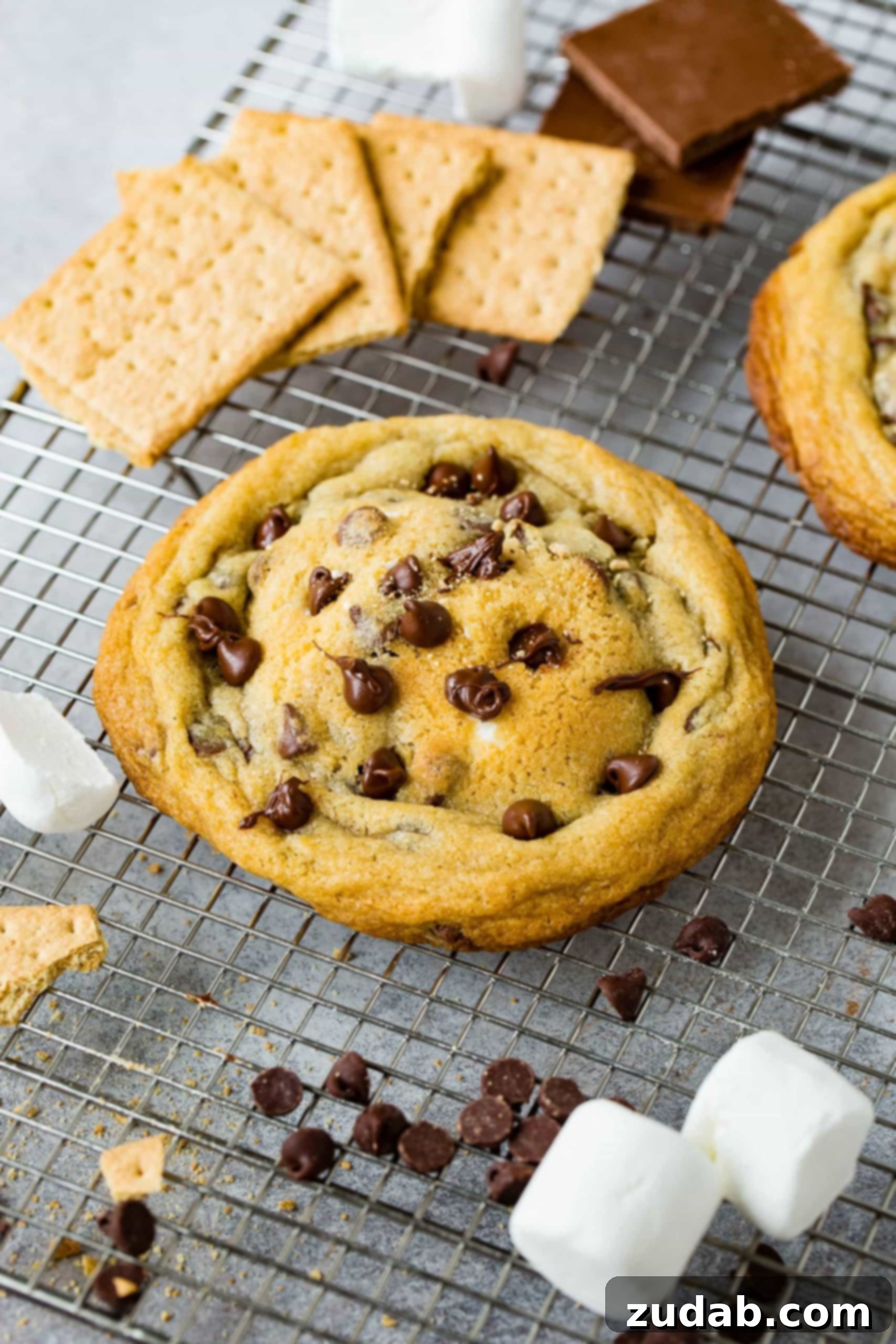 S’mores Stuffed Chocolate Chip Cookies A perfectly baked S'mores Stuffed Chocolate Chip Cookie, with graham cracker pieces, chocolate chips, and marshmallows scattered in the background, highlighting the key ingredients.