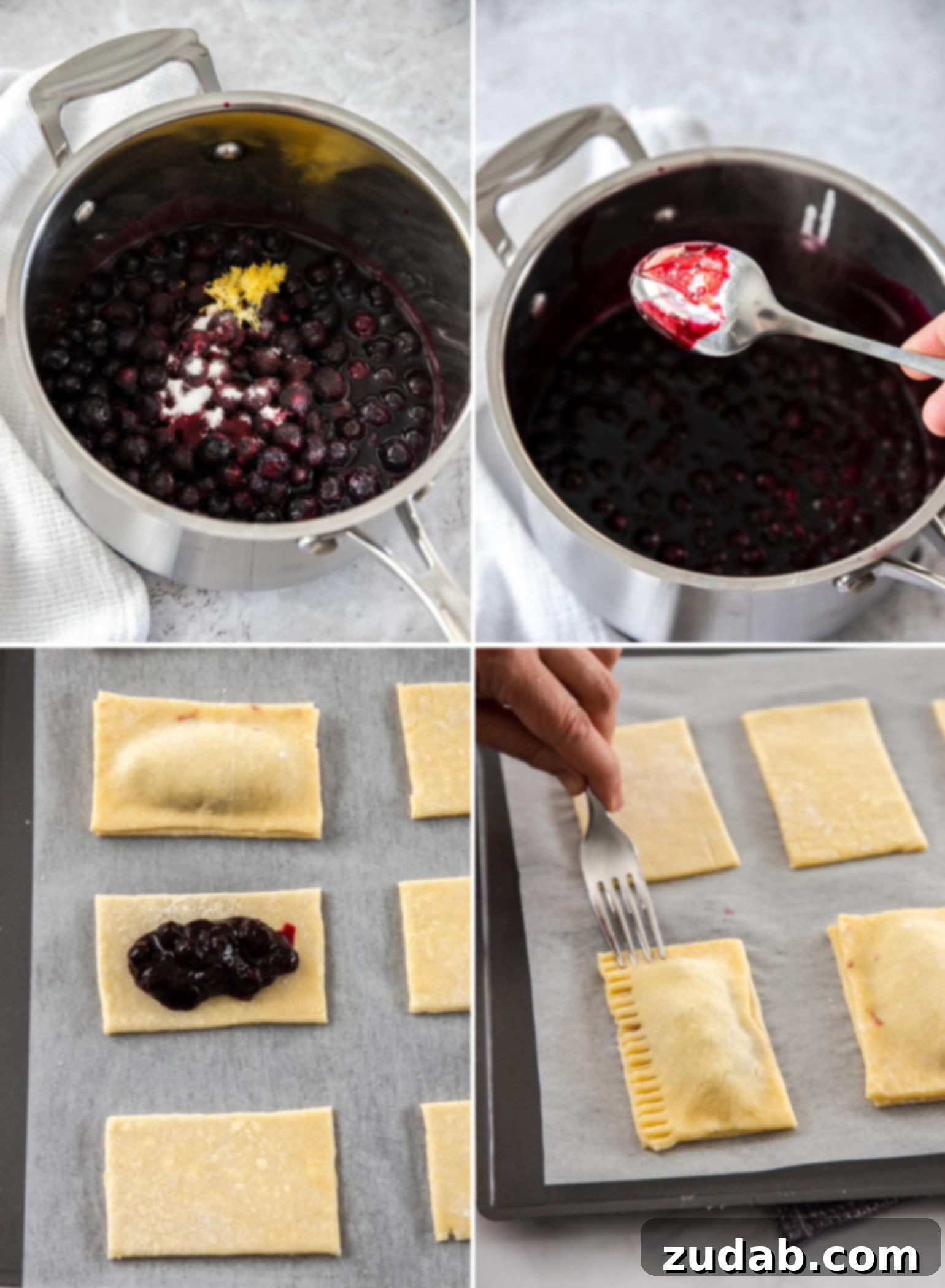 DIY Blueberry Toaster Pastries 4 A collage of 4 images showing the process of making blueberry pop tarts. Blueberries in a saucepan, then little squares of pie crust on a baking tray.