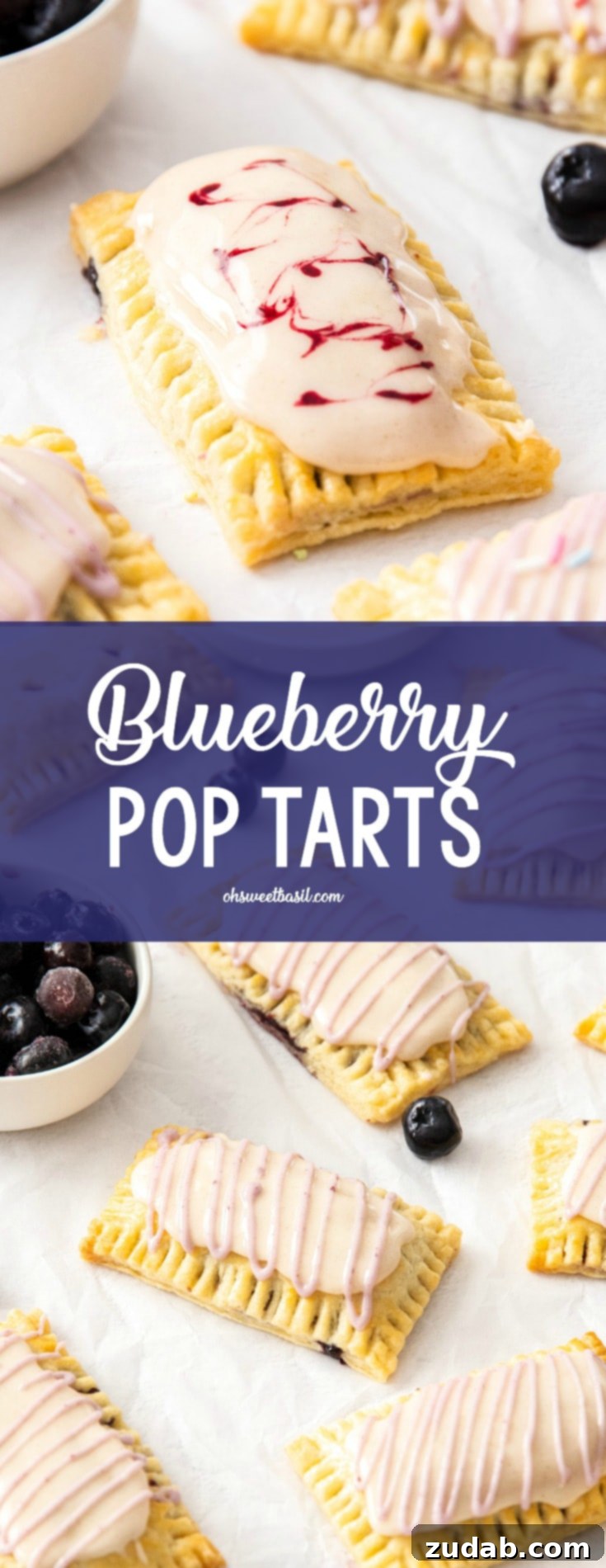 DIY Blueberry Toaster Pastries 9 A batch of homemade pop tarts on a sheet of white baking paper. A small white bowl of blueberries.