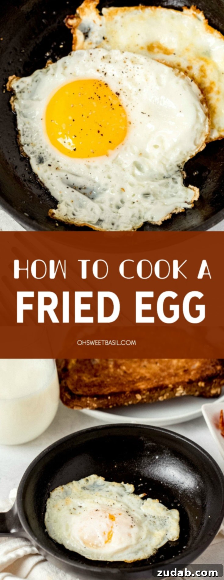 Mastering the Art of the Fried Egg 6 Two perfectly fried eggs with golden, runny yolks and wonderfully crispy, lacy white edges, beautifully showcased in a small black frying pan. A flexible fish spatula is in front of the pan, and a plate of golden toast along with a carton of fresh brown eggs are in the background, completing the inviting breakfast scene.