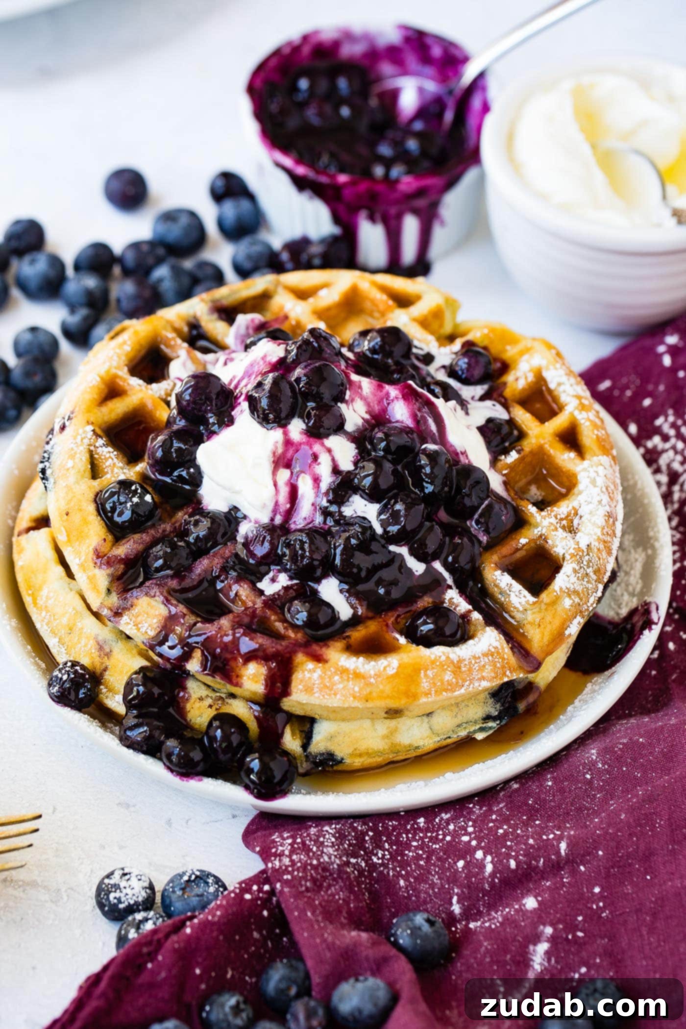 Blueberry Waffles A stack of blueberry waffles adorned with whipped cream and fresh blueberries, set against a background of more berries and a bowl of whipped cream, on a wine-colored napkin.