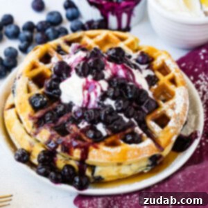 Sweet Blueberry Mornings 2 A beautifully cooked blueberry waffle, topped with fresh blueberries and a light dusting of powdered sugar.