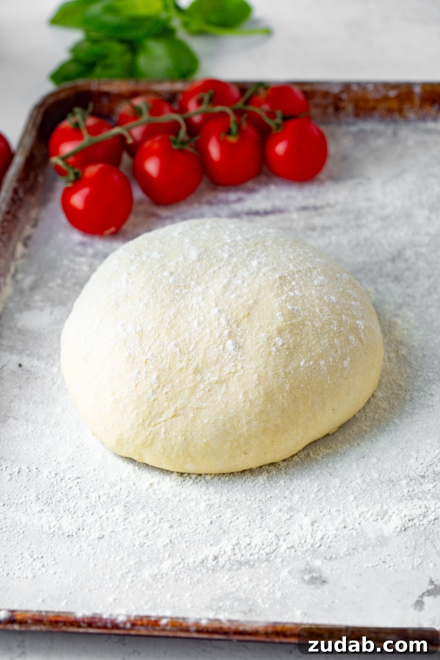 A perfectly shaped ball of homemade pizza dough rests on a wooden surface, with vibrant cherry tomatoes in the soft-focused background, hinting at fresh toppings to come.