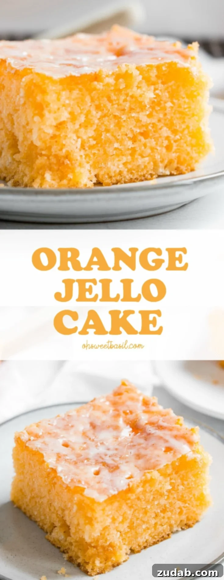 Sunny Citrus Jiggle Cake 3 A vibrant slice of Orange Jello Cake on a small white plate with a thick, glossy orange glaze on top, inviting a bite.