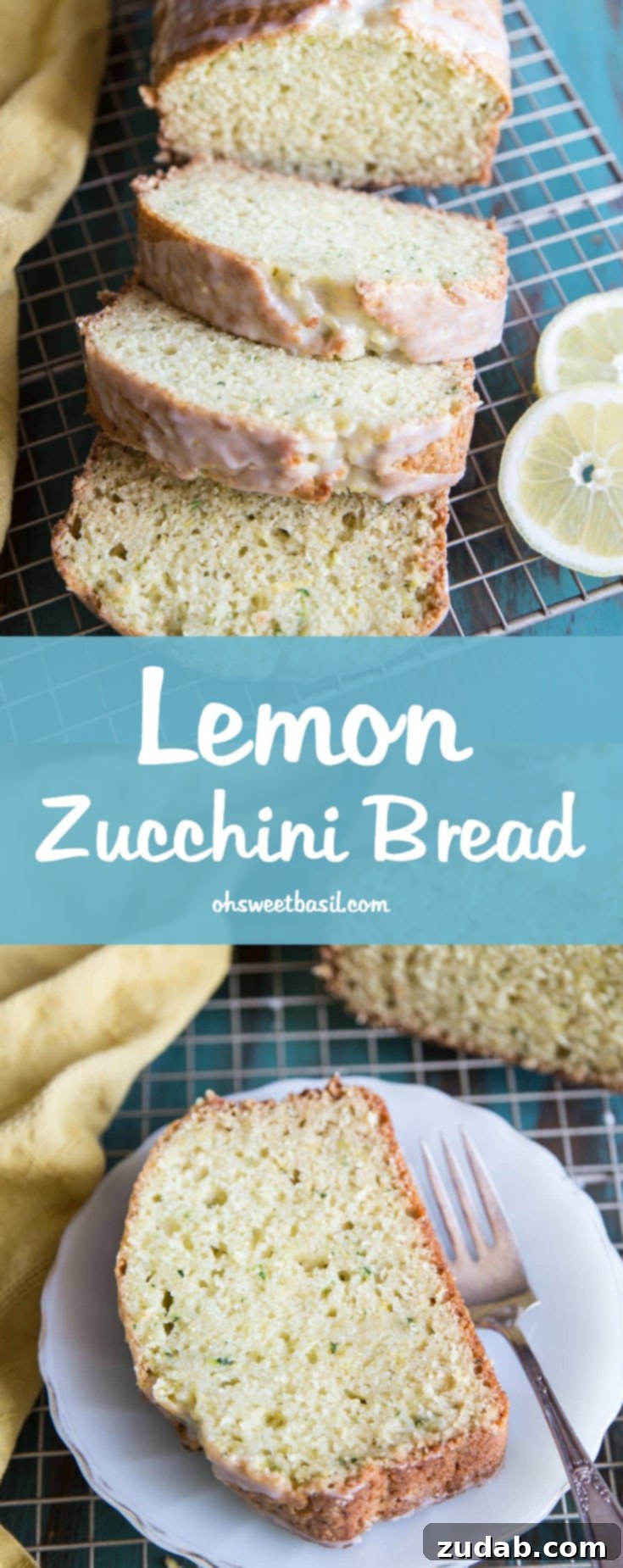 Zesty Lemon Zucchini Loaf 6 Beautifully sliced Lemon Zucchini Bread, ready to be served, on a wire rack.