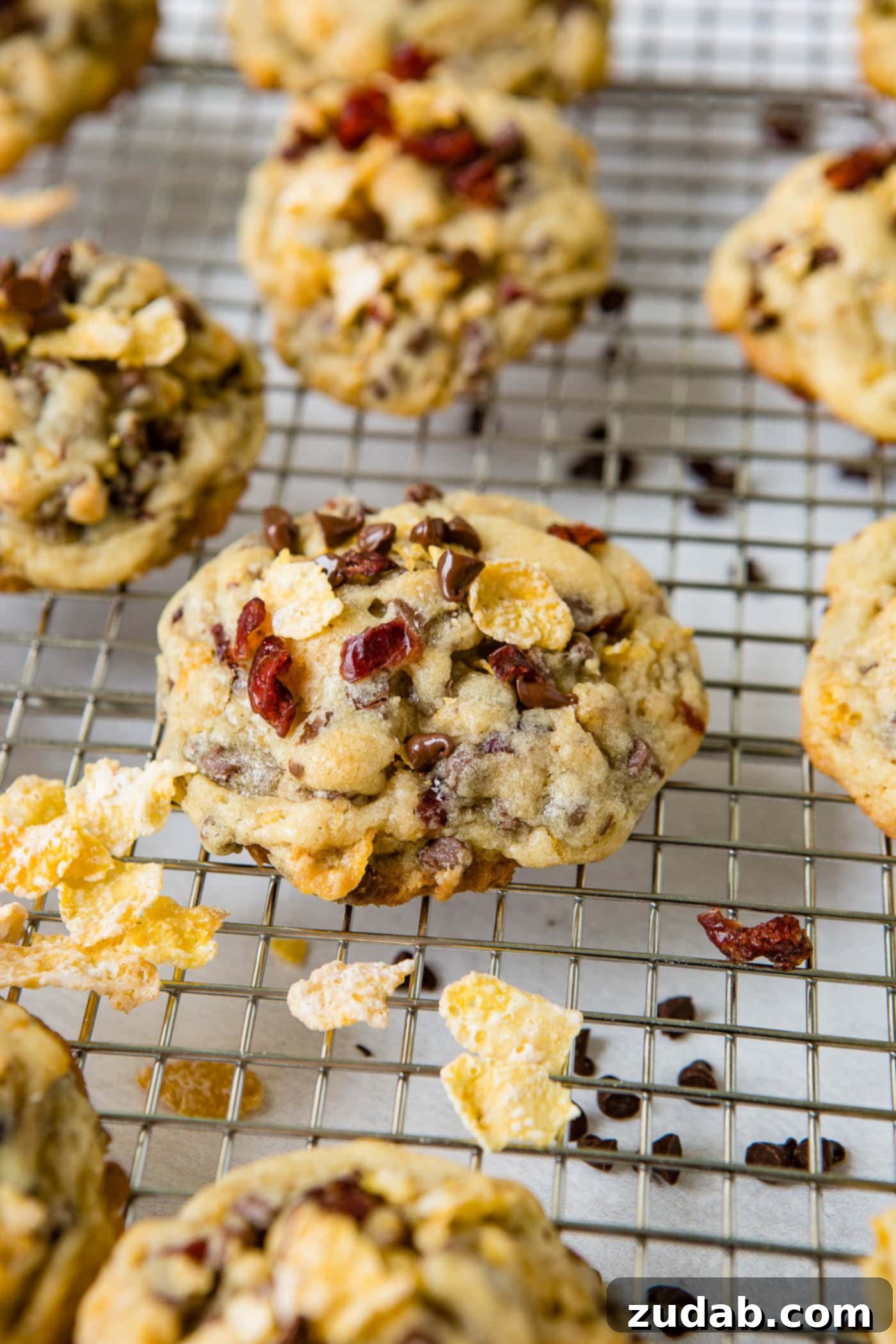 A cooling rack filled with freshly baked Craisin Frosted Flake Chocolate Chip Cookies. Scattered around and on the rack are loose frosted flakes, dried craisins, and mini chocolate chips, highlighting the key ingredients. The cookies are golden brown with visible textures.