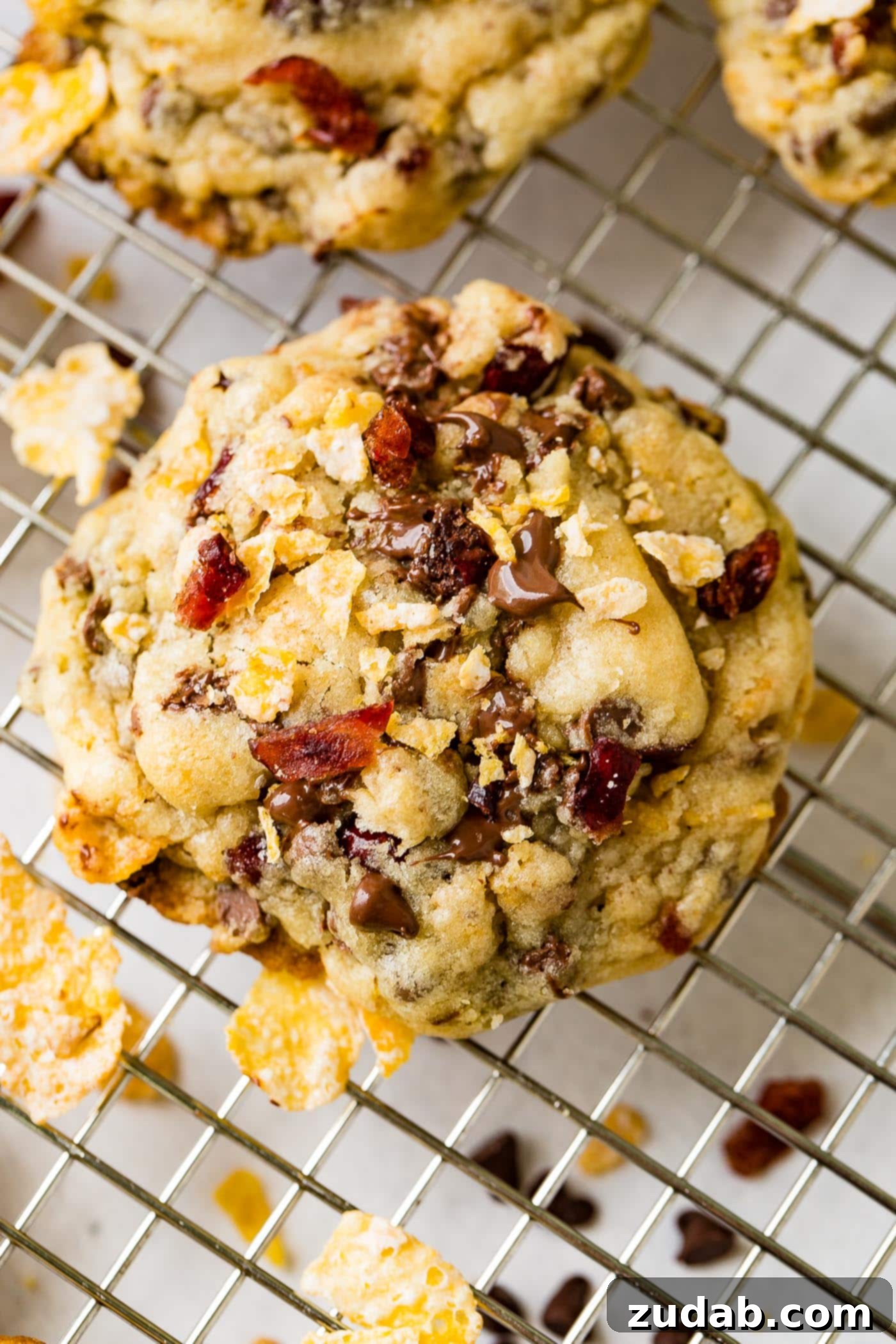A perfectly baked Craisin Frosted Flake Chocolate Chip Cookie, generously studded with mini chocolate chips, bright red craisins, and golden frosted flakes. The cookie rests on a wire cooling rack, highlighting its golden-brown edges and soft center.