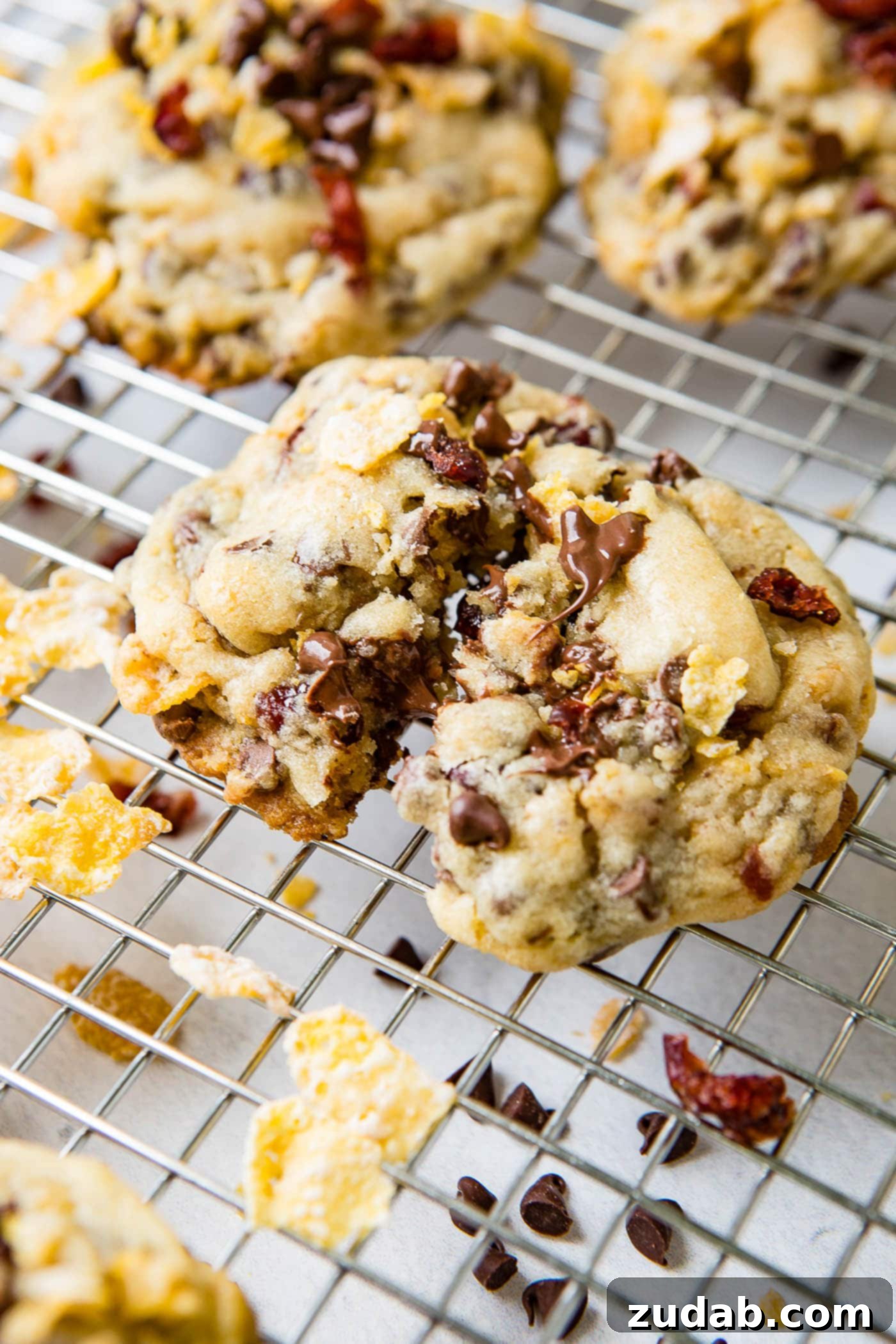 A Craisin Frosted Flake Chocolate Chip Cookie, broken in half to reveal its dense, chewy texture packed with mini chocolate chips, sweet craisins, and crispy frosted flake cereal. Other whole cookies and loose ingredients are visible on a wire cooling rack in the background.