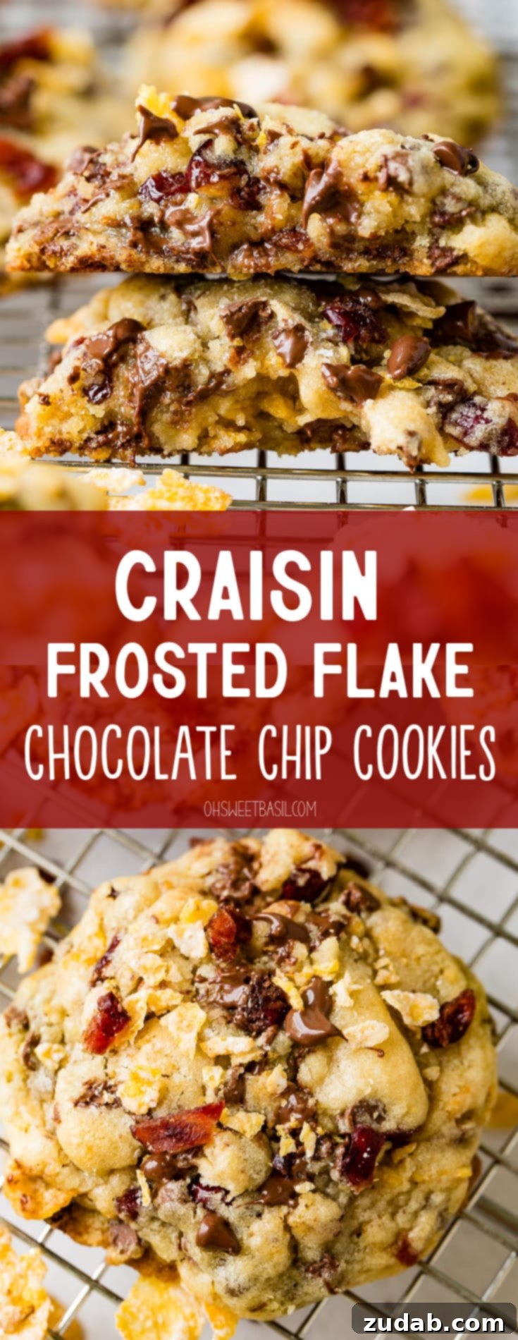 A cooling rack laden with Craisin Frosted Flake Chocolate Chip Cookies. Small pieces of mini chocolate chips and craisins are scattered on and under the rack, showcasing the rich components of these homemade treats.