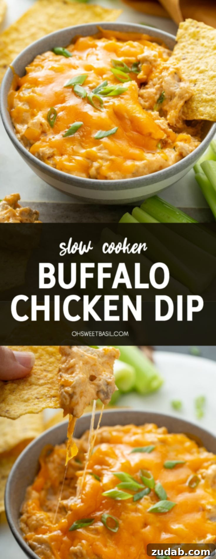 Effortless Slow Cooker Buffalo Chicken Dip 2 A large bowl of Slow Cooker Buffalo Chicken Dip surrounded by various dippers like chips and vegetables, perfect for a party.