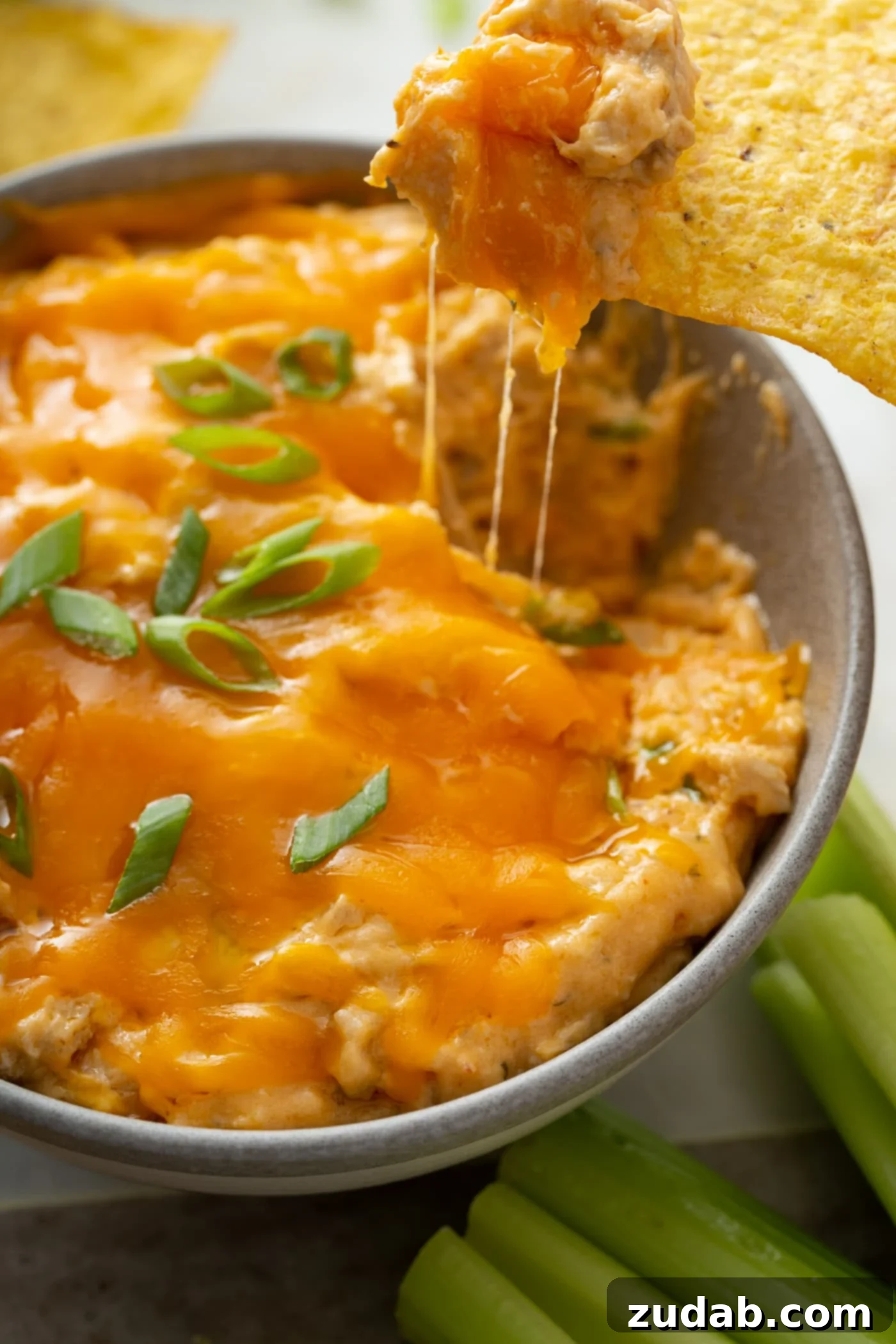 Slow Cooker Buffalo Chicken Dip Warm Slow Cooker Buffalo Chicken Dip with melted cheese and chopped green onions on top, close-up.