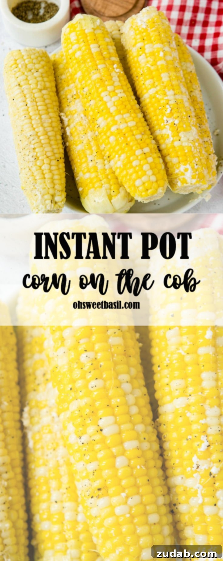 Easy Instant Pot Corn on the Cob 6 Four ears of cooked corn on the cob that has been lightly sprinkled with ground pepper.