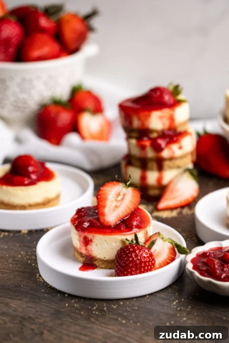 Luscious Strawberry Cheesecake Minis 2 A Mini strawberry cheesecakeswith graham cracker crust and creamy filling topped with fresh berries on a white plate. Behind it you see a stack of more mini cheesecakes covered in bright berry topping.