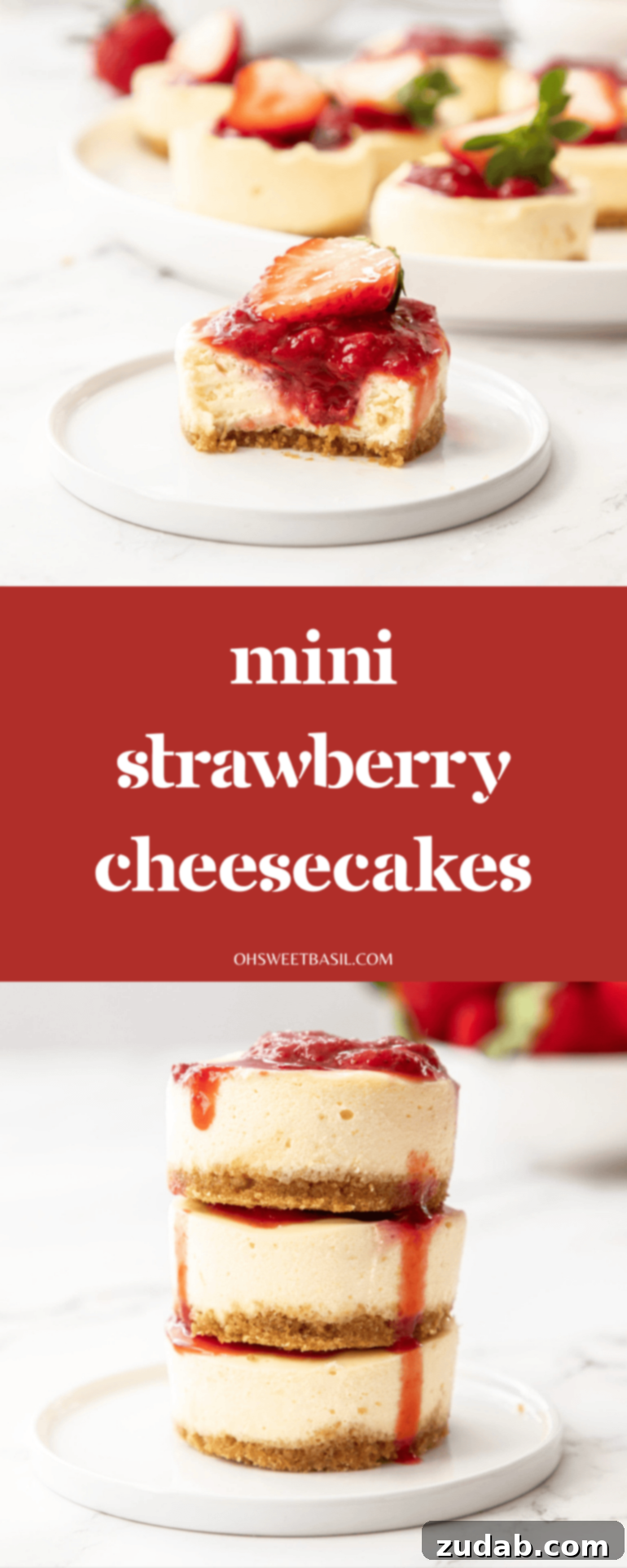 Luscious Strawberry Cheesecake Minis 10 Mini cheesecakes swirled with strawberry sauce and topped with fresh strawberries.