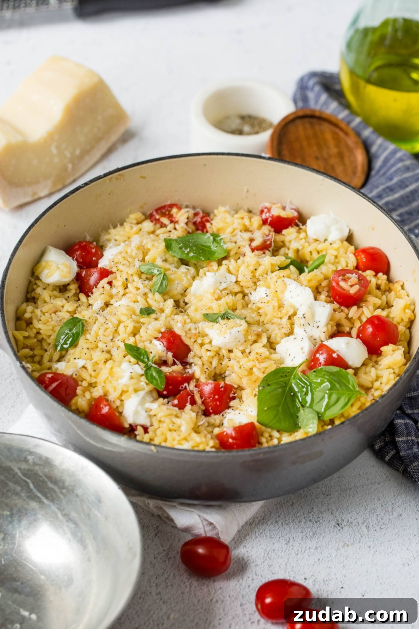 Caprese Orzo Pasta Salad A large serving bowl of Caprese Orzo Pasta salad. It is generously filled with bright red cherry tomatoes, fresh green basil leaves, and creamy white mozzarella pearls, creating a visually appealing and delicious dish. A small bowl of grated Parmesan cheese, a sprinkle of salt, and a few whole tomatoes are artfully arranged next to the pasta bowl, hinting at the key ingredients and savory additions. The lighting is natural and highlights the freshness of the ingredients, making the salad look irresistible.