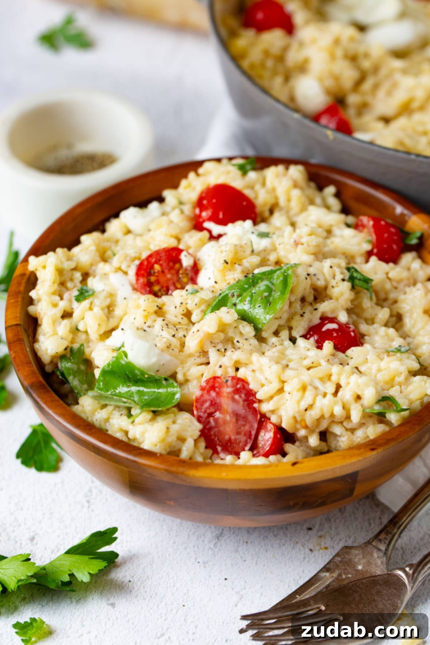 Caprese Orzo Pasta A beautifully presented serving bowl of Caprese Orzo Pasta salad. The salad is a colorful medley of tender orzo, bright red cherry tomatoes, creamy mozzarella chunks, and aromatic fresh basil leaves. Adjacent to the bowl, a few loose basil leaves, whole ripe tomatoes, and a small container of premium olive oil are arranged, invitingly showcasing the fresh, key ingredients used in the dish. The setup suggests a light, healthful, and appealing meal.