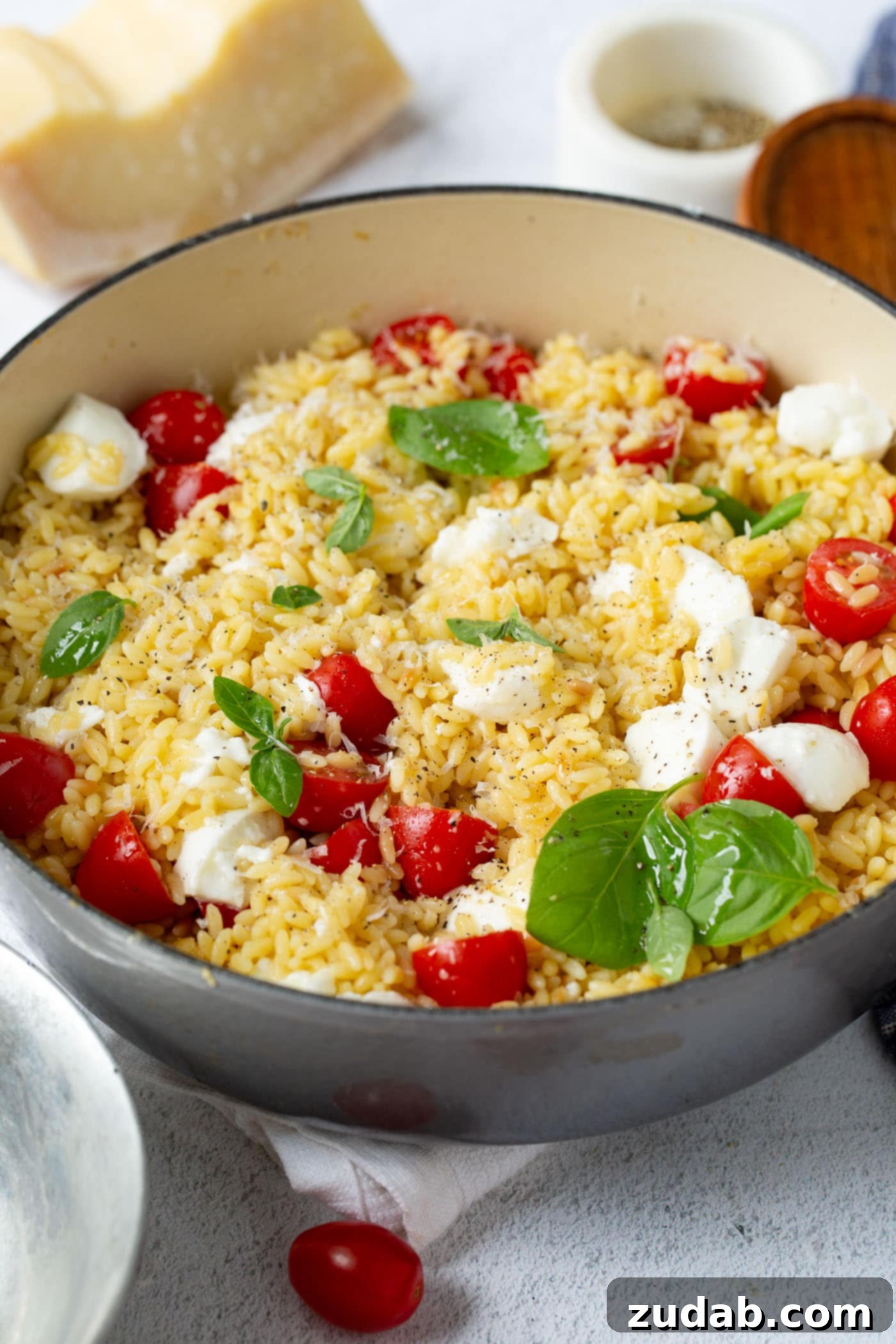 Caprese Orzo Pasta A large serving bowl brimming with Caprese Orzo Pasta salad, presented beautifully on a rustic wooden table. The salad is vibrant, featuring bright red cherry tomatoes, generous chunks of creamy mozzarella cheese, and fresh green basil leaves, all mixed with the small orzo pasta. Nearby, a few extra tomatoes, a solid block of Parmesan cheese, and a small container of sea salt are casually placed, emphasizing the fresh, high-quality ingredients and adding to the inviting presentation.