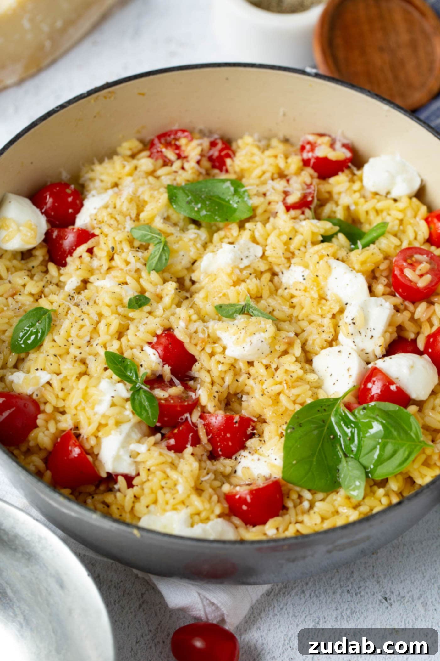 Caprese Orzo Pasta A close-up shot of Caprese Orzo Pasta salad, highlighting the fresh and vibrant ingredients. The image clearly shows the small, rice-shaped orzo pasta mixed with bright red, juicy tomatoes, creamy white chunks of mozzarella cheese, and fragrant fresh green basil leaves. The texture and colors are inviting, emphasizing the wholesome and delicious nature of the salad, perfect for a light and satisfying meal.