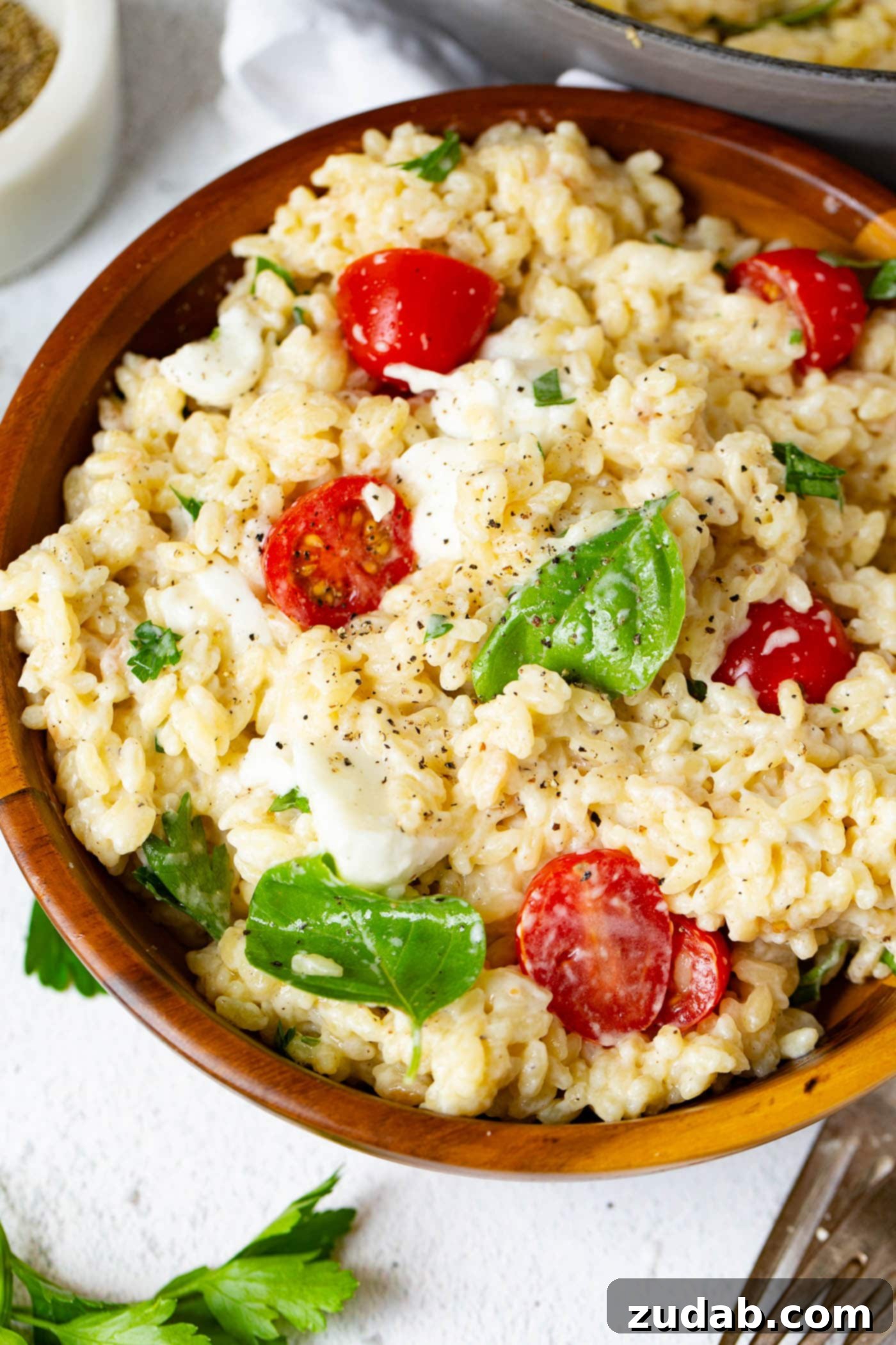 Caprese Orzo Pasta A bowl of Caprese Orzo Pasta salad, brimming with fresh ingredients. The salad features tender orzo, bright red cherry tomatoes, creamy mozzarella chunks, and vibrant fresh basil leaves. Beside the pasta bowl, a few additional basil leaves are delicately placed on the table, enhancing the fresh and aromatic appeal of the dish, suggesting a truly inviting and flavorful meal experience.