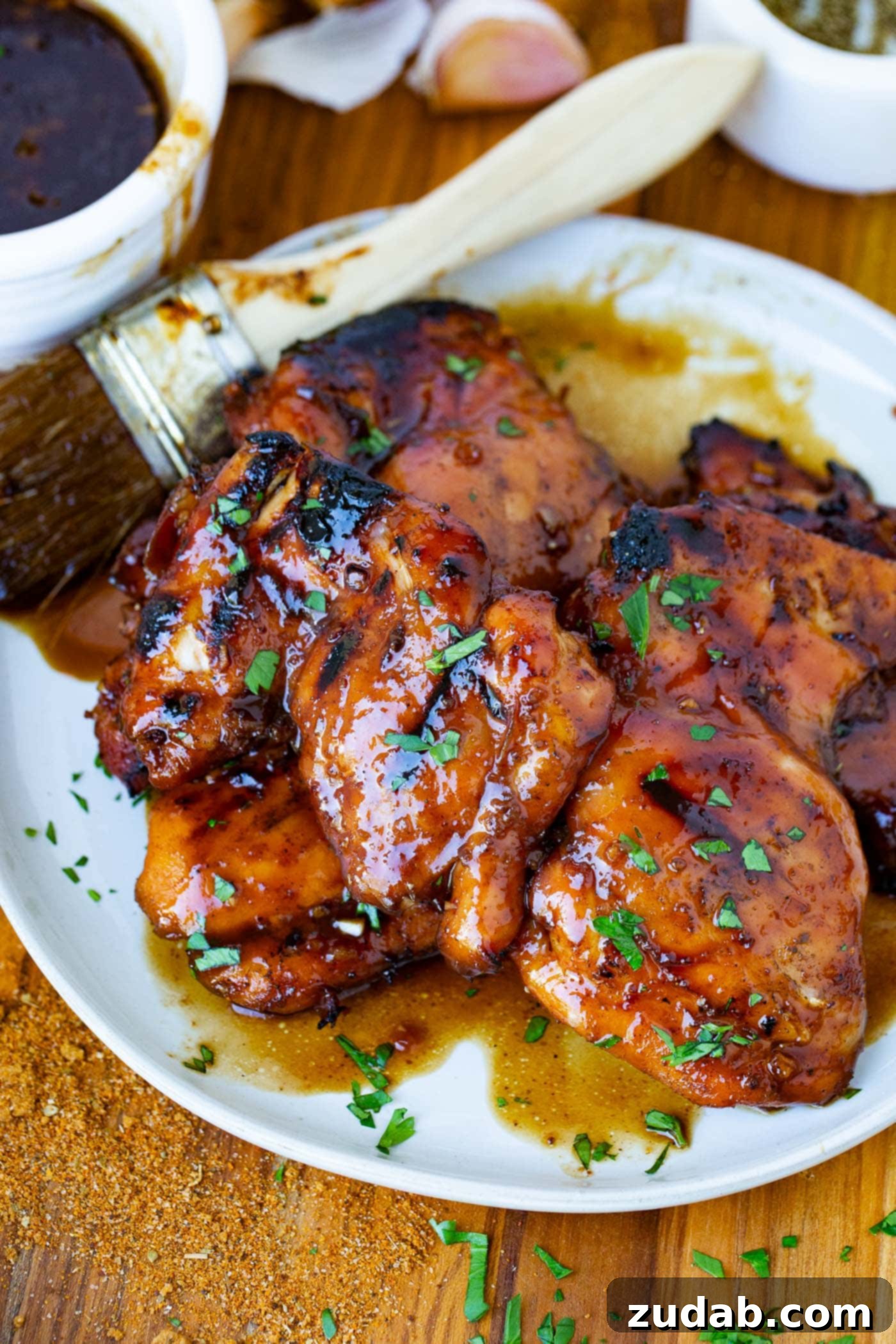 Marinated Smoked Chicken Thighs on the Traeger A serving plate filled with marinated, smoked chicken thighs. There is juicy marinade on the plate and the thighs are sprinkled with fresh green herbs.