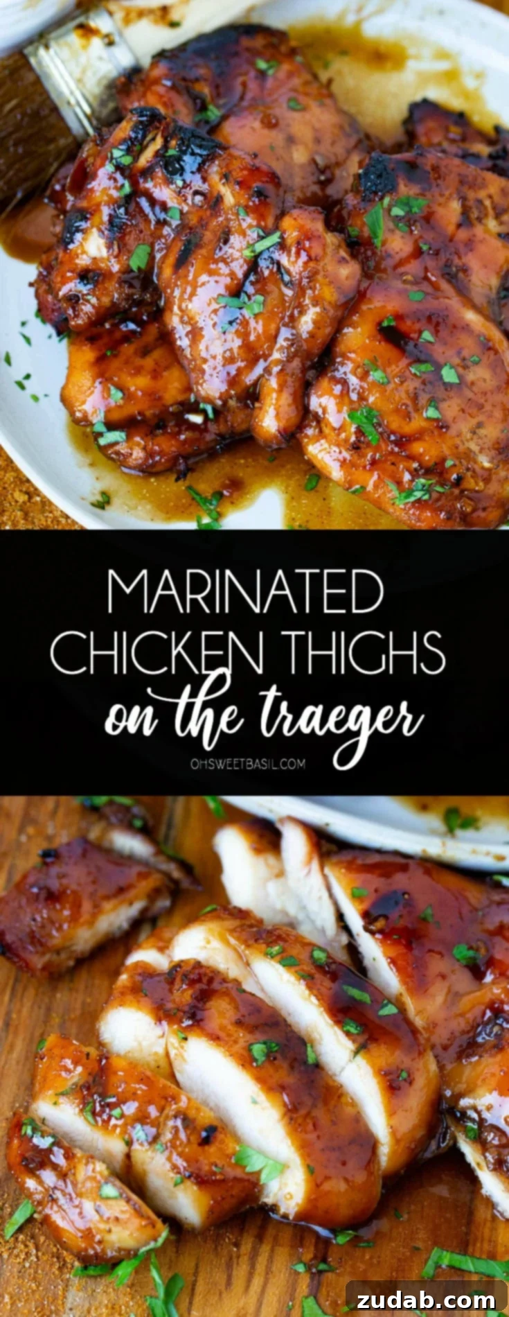 Traeger's Ultimate Marinated Smoked Thighs 3 A serving plate filled with juicy marinated smoked chicken thighs. Chopped parsley is sprinkled on top of the chicken and a sliced chicken thigh is on the cutting board next to the plate of chicken.