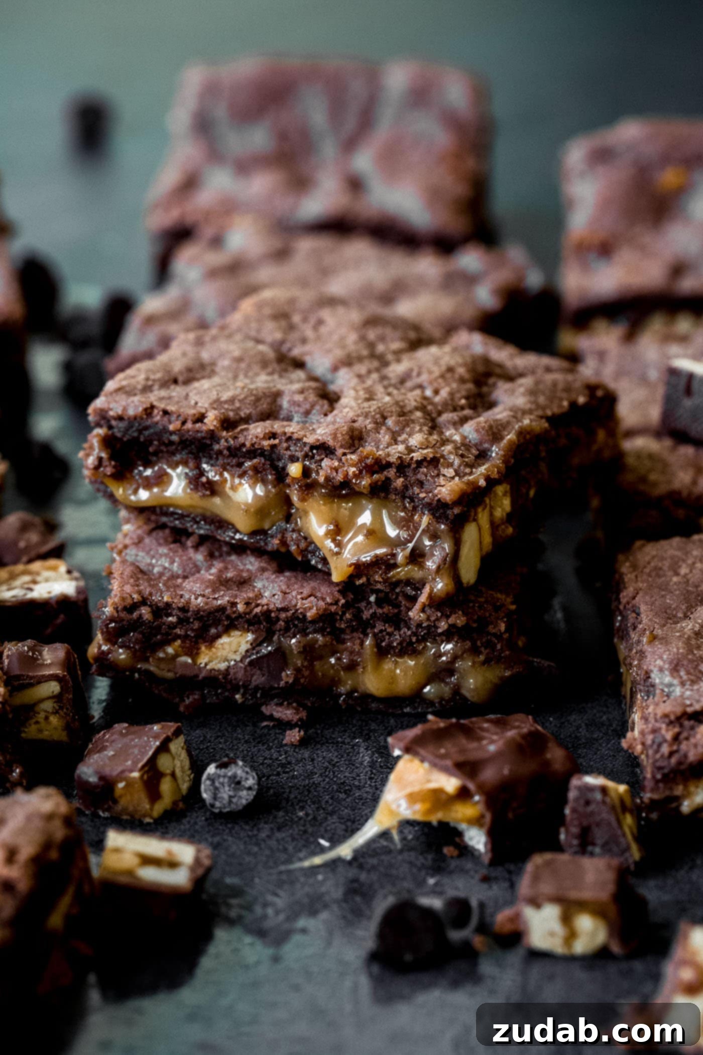 Snickers Brownies A stack of cut brownies filled with melted caramel, chocolate chips and snickers candy bars. There are chocolate chips and chopped candy bars scattered around the brownies.