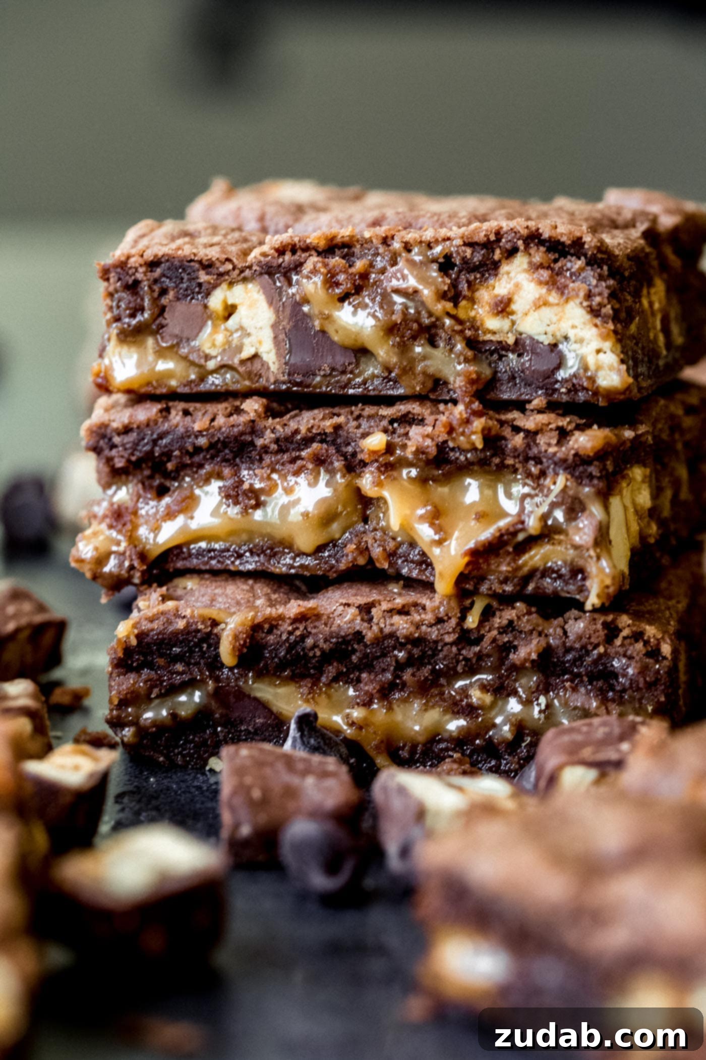 Snickers Brownies A stack of cut snickers caramel brownies with chunks of candy bar and melted caramel oozing out of them.