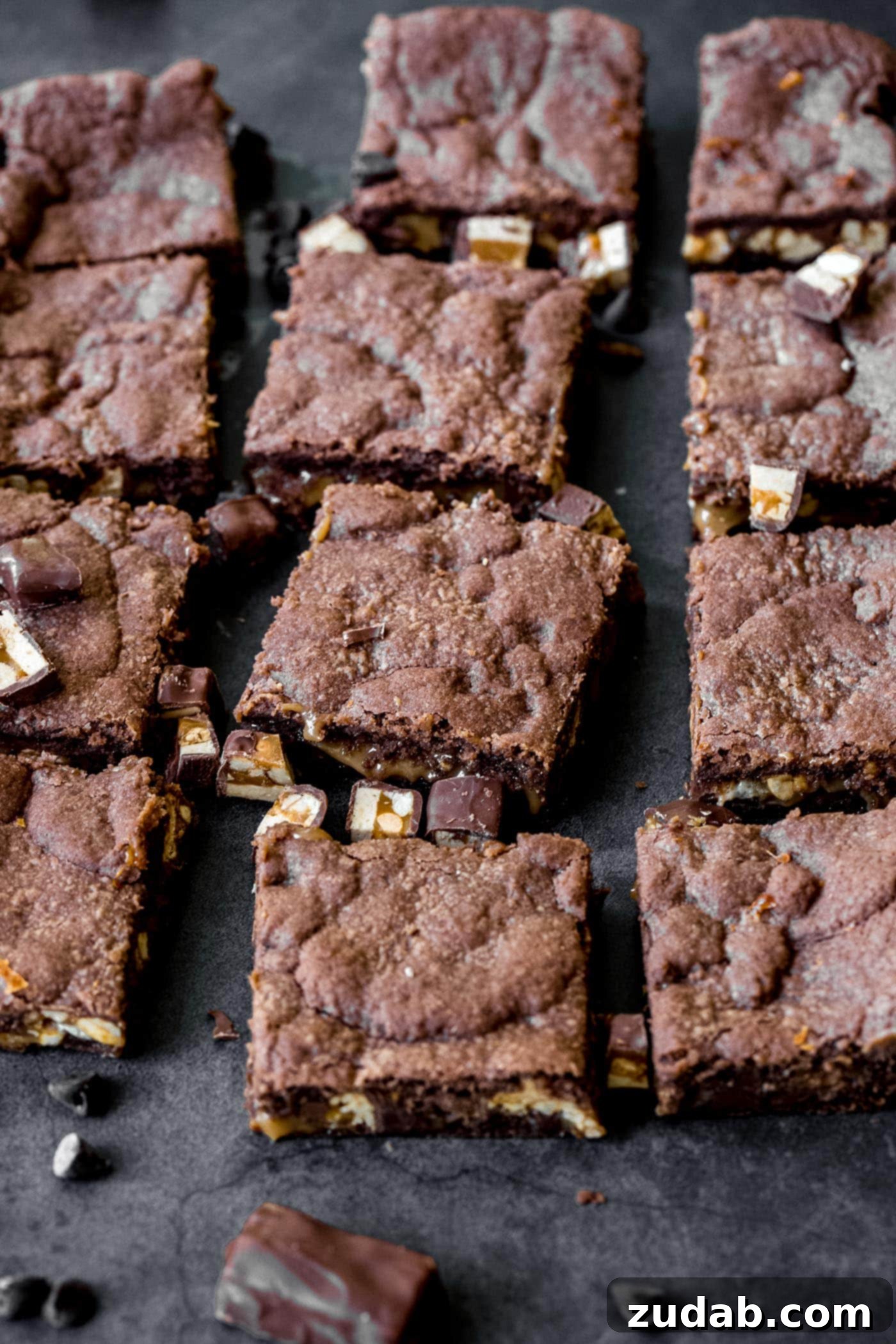 Snickers Brownies Nine snicker caramel brownies. The brownies have melted caramel oozing out of them.
