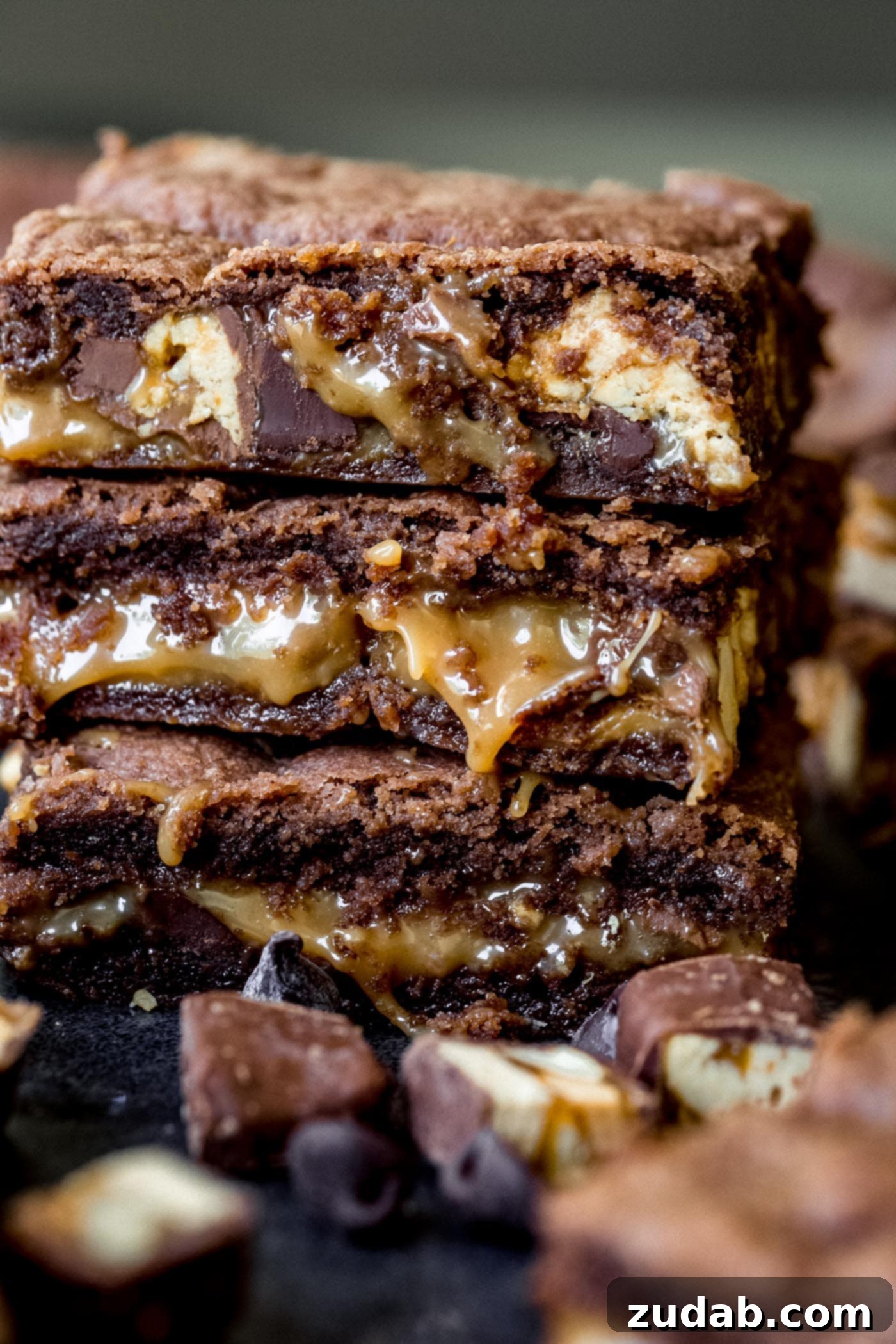 Snickers Brownies A stack of cut brownies filled with melted caramel and snickers candy bars.