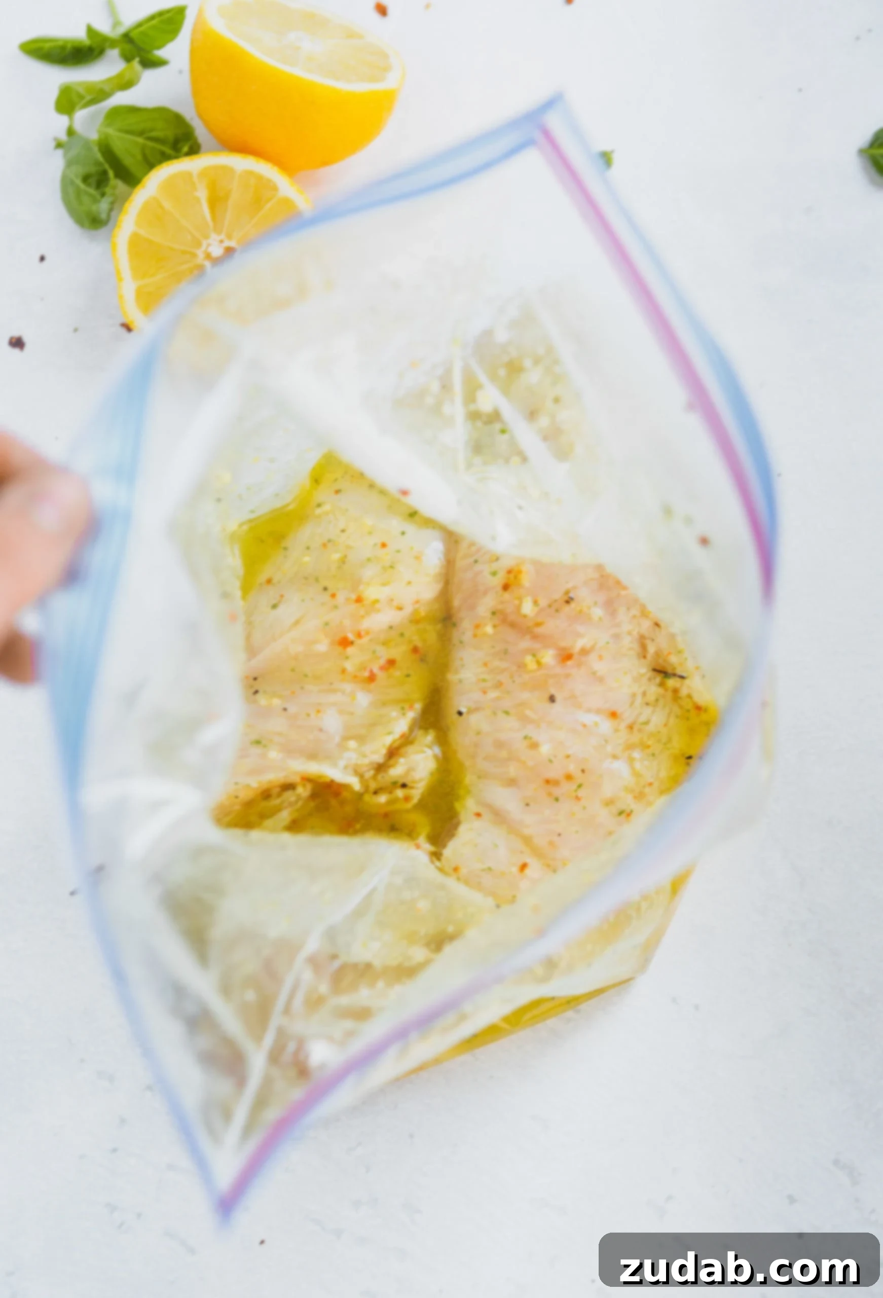 Marinated Grilled Chicken Breasts A zip lock bag with chicken breasts in a marinade.