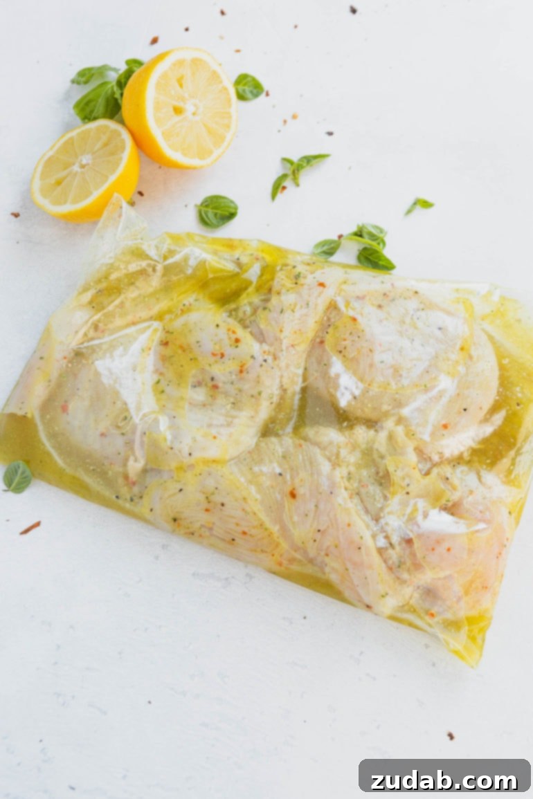 Succulent Grilled Chicken Breasts 2 Chicken breasts in marinating in a zip lock bag. Lemon slices are in the background.