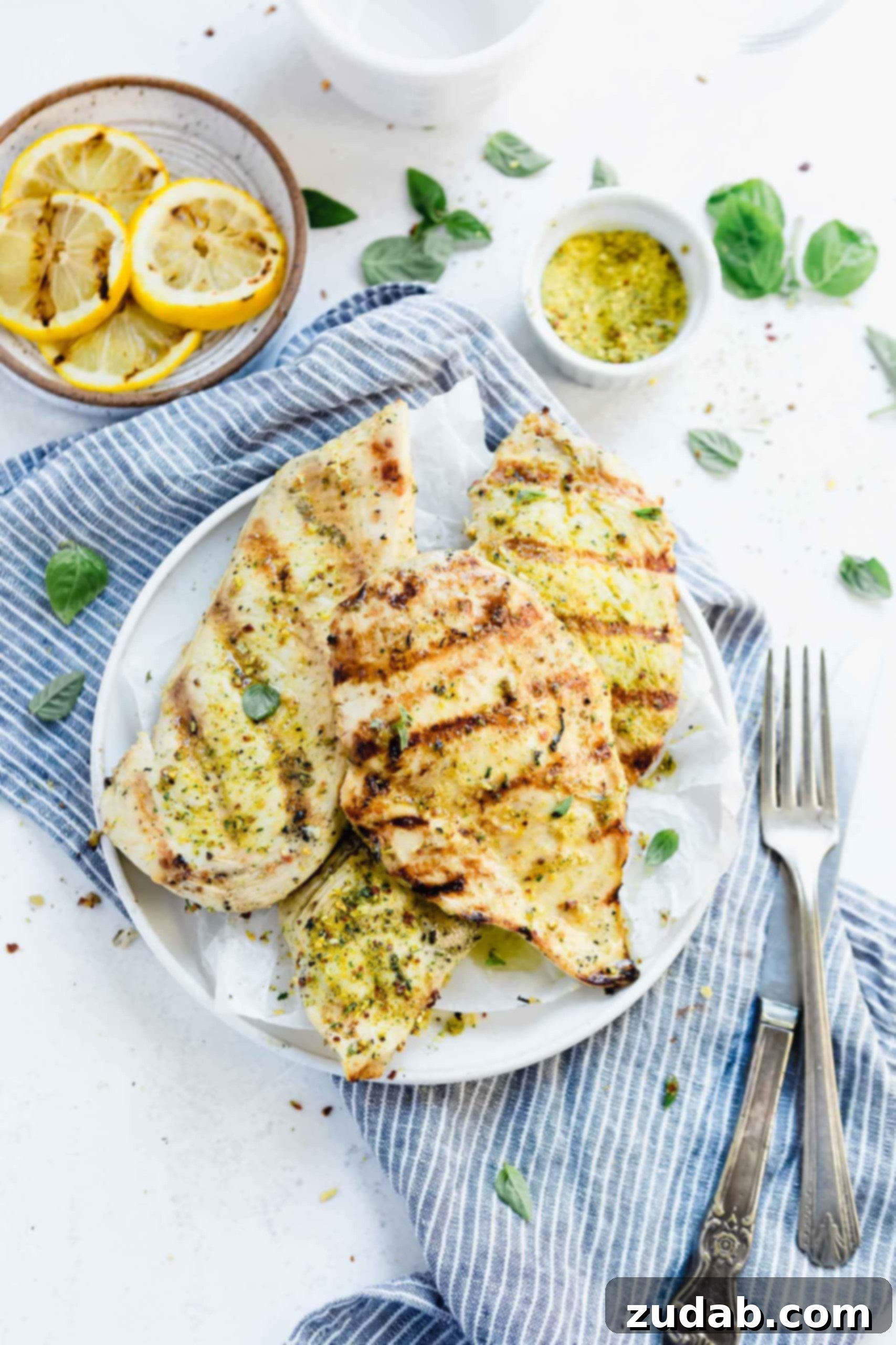 Marninated Grilled Chicken Breasts meat on a plate with a fork next to the plate and charred lemon slices in the background.