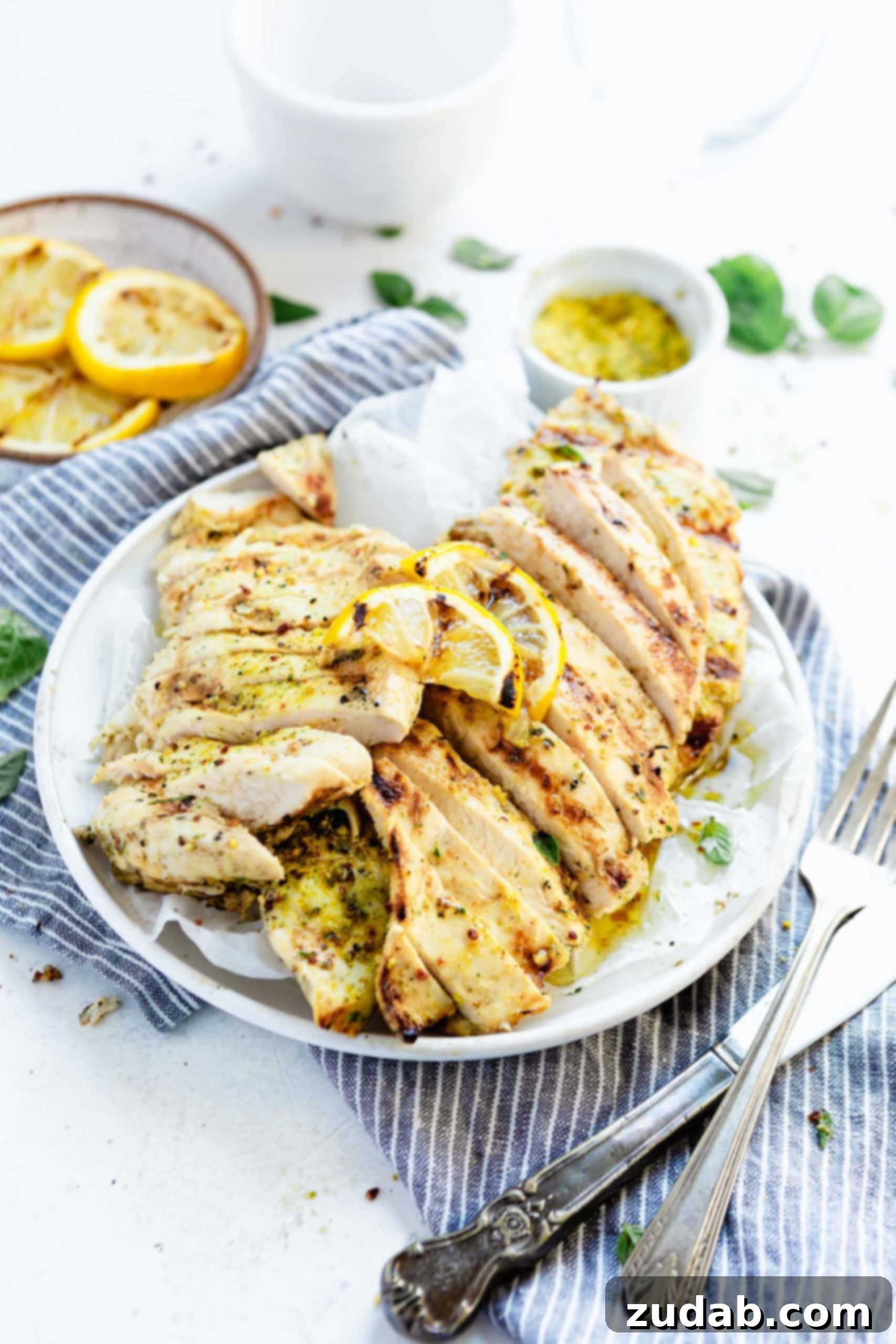 Marinated Grilled Chicken Breasts A plate of sliced, tender meat with lemon slices in the background. The plate is sitting on a blue and white striped cloth with a knife and fork next to the plate.