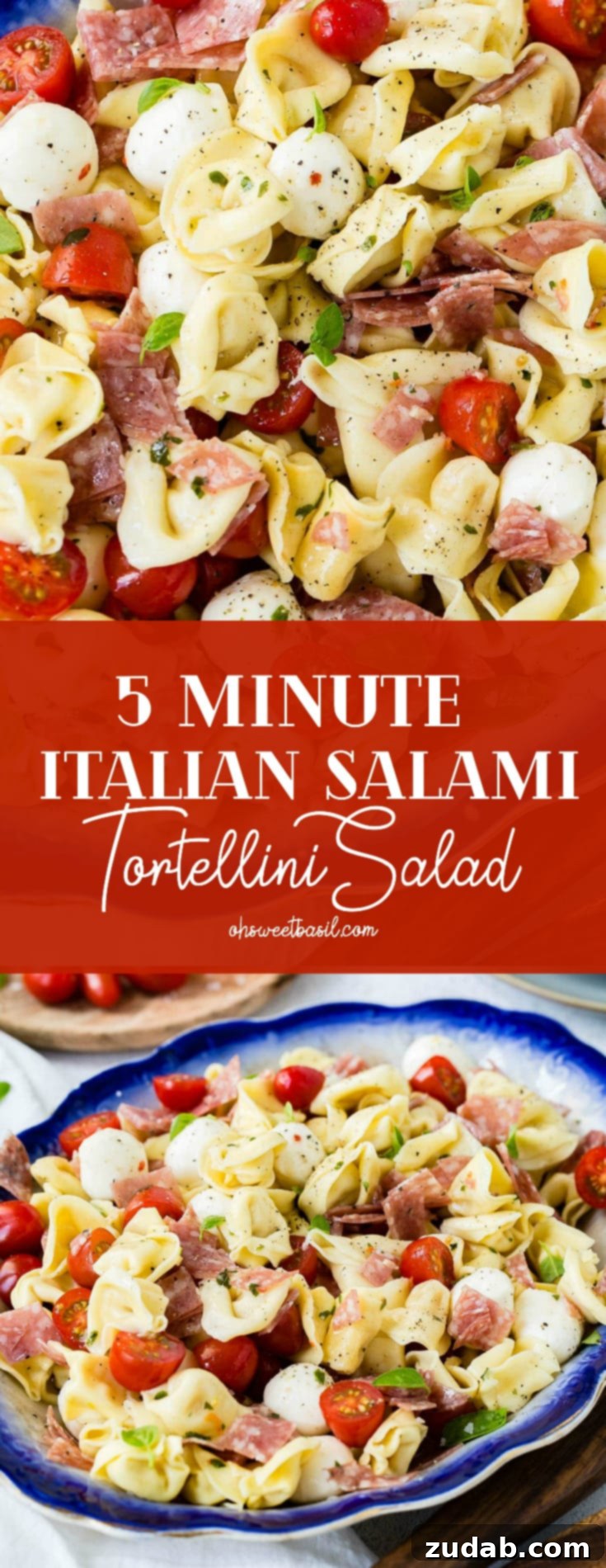 A blue-edged serving dish of 5-minute Italian salami tortellini salad. There are chunks of savory salami, vibrant slices of grape tomatoes, and creamy mozzarella balls nestled amongst the tender tortellini. A rustic cutting board adorned with fresh grape tomatoes provides a charming backdrop.