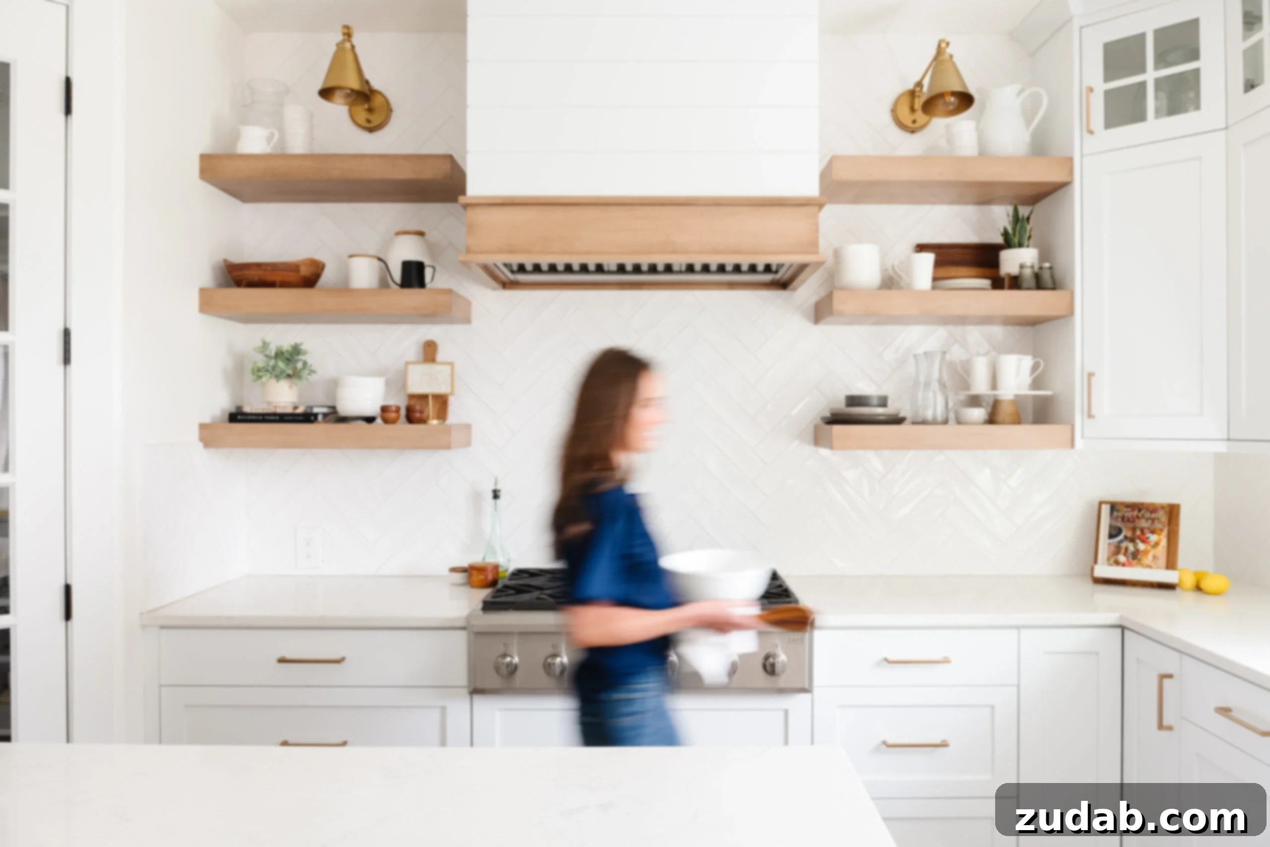 One Focal Point A photo of a woman blurry with movement in the kitchen.