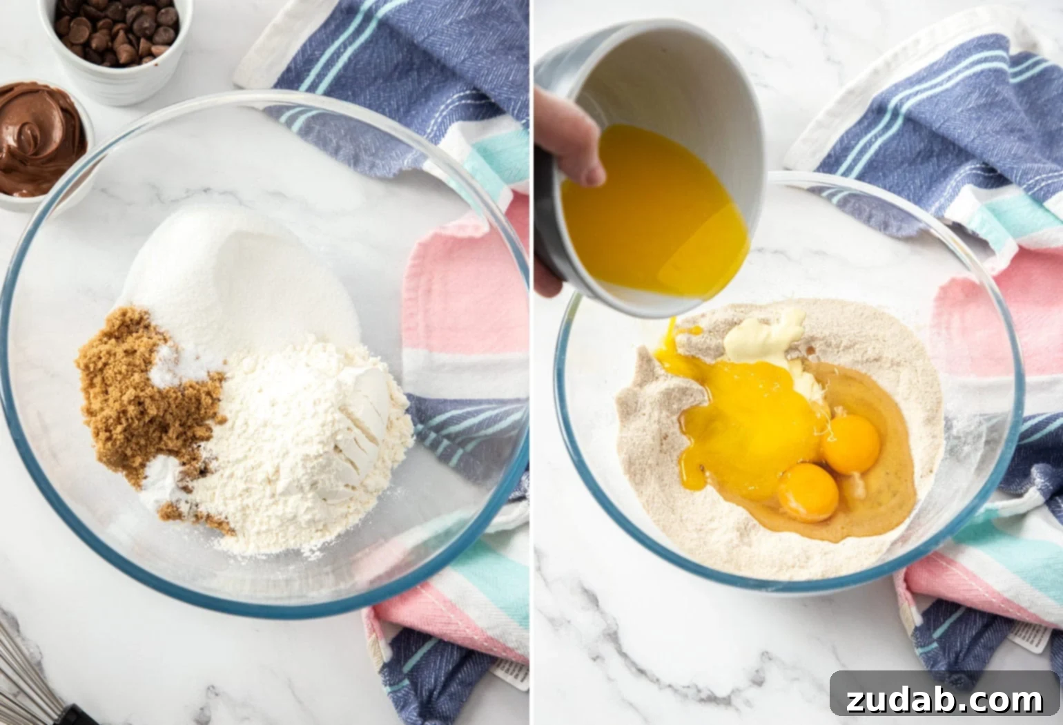 Two images showing combining ingredients for blondies in a glass bowl, illustrating the ease of preparation.