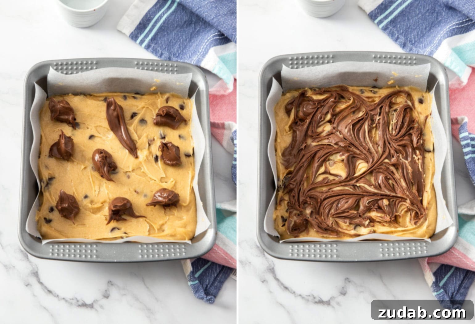 Decadent Nutella Blondies 4 Two images showing the swirling of nutella on top of blondie batter, creating beautiful patterns.