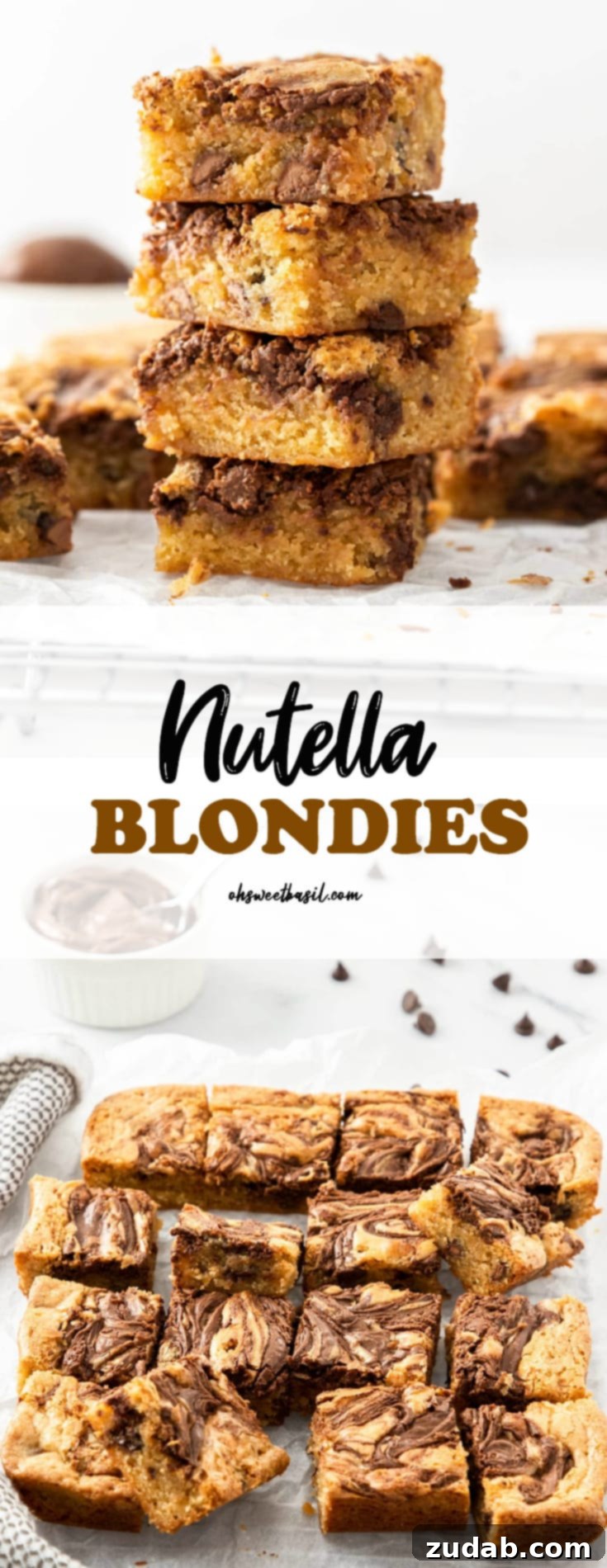 Decadent Nutella Blondies 8 A batch of nutella blondies, showcasing their deliciousness and texture close up.