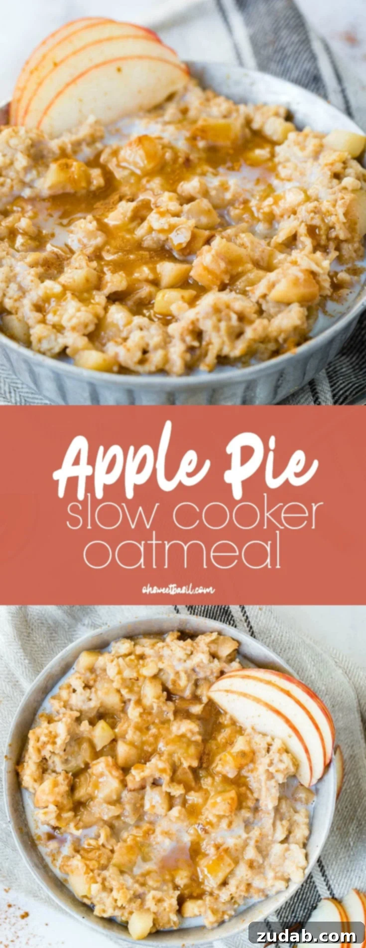 Apple Pie Slow Cooker Oatmeal A photo of a bowl of oatmeal full of apple chunks and topped with caramel and thin apple slices.