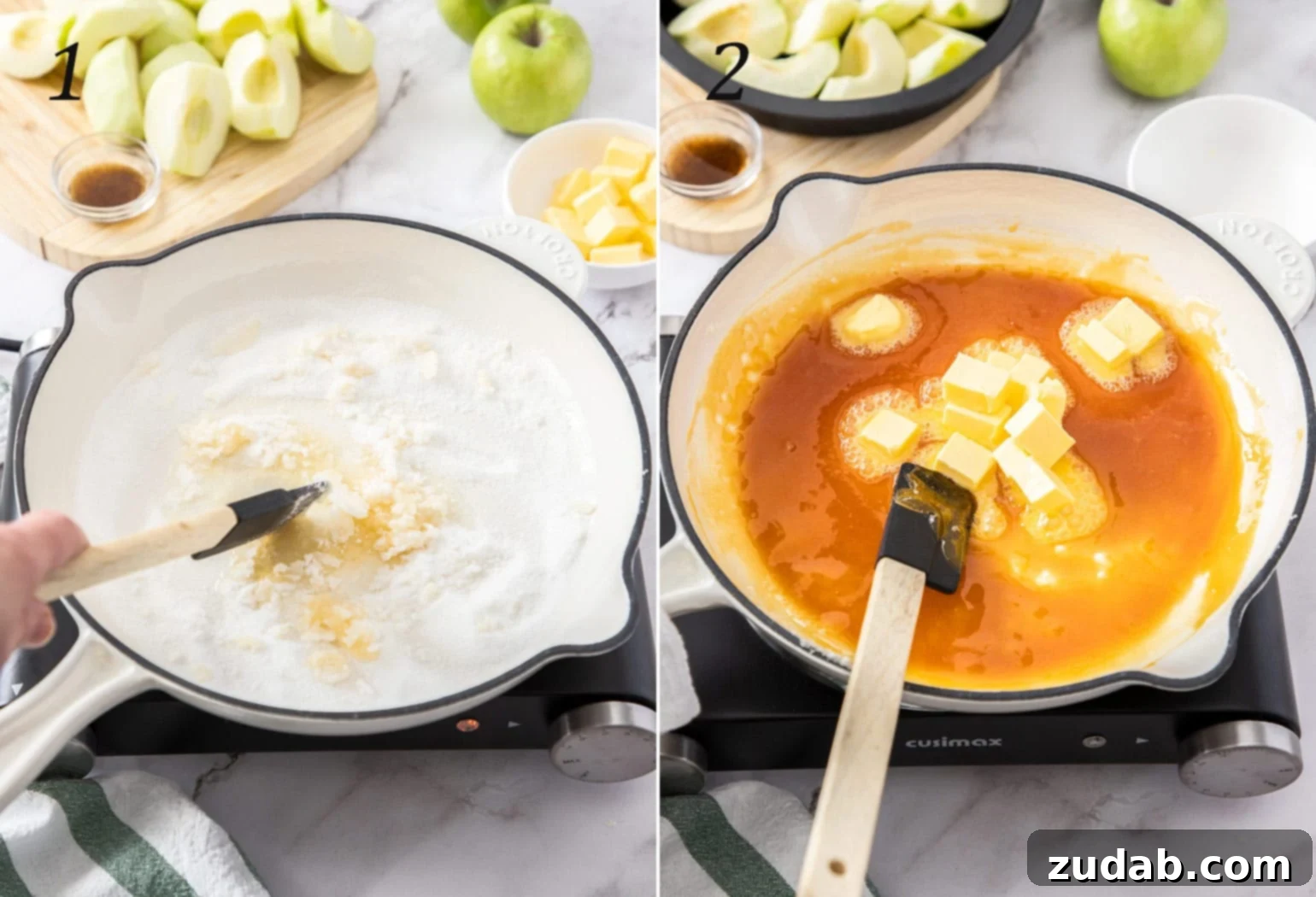 Granulated sugar melting and caramelizing in a white saucepan on the stovetop, transforming into a rich amber liquid. Blurry peeled and quartered apples are visible on a wooden cutting board in the background, ready for assembly. This image captures the crucial step of creating the sweet sticky caramel, a key component for the classic Apple Tarte Tatin. 