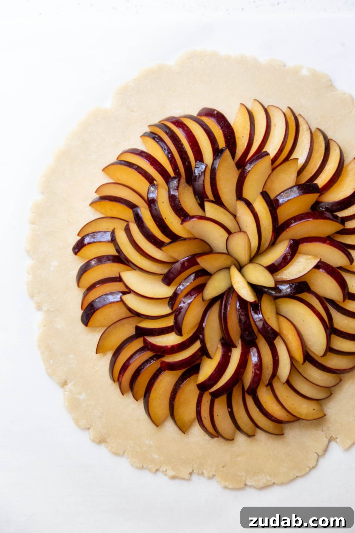 Rustic Plum Galette 3 Close-up of plum slices being artfully arranged in concentric circles on homemade pie crust, ready for baking.