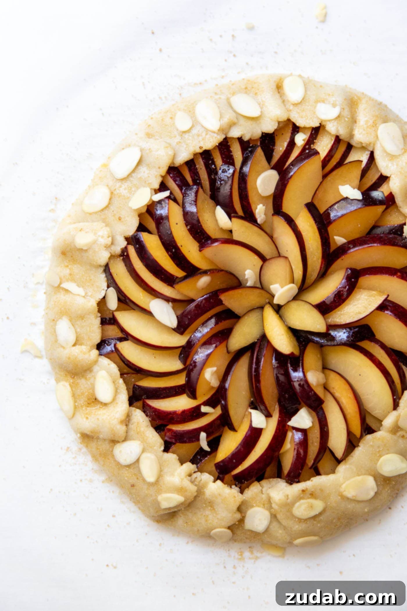 Rustic Plum Galette 4 An unbaked plum galette on parchment paper, with neatly arranged plum slices and folded edges, ready to go into the oven.