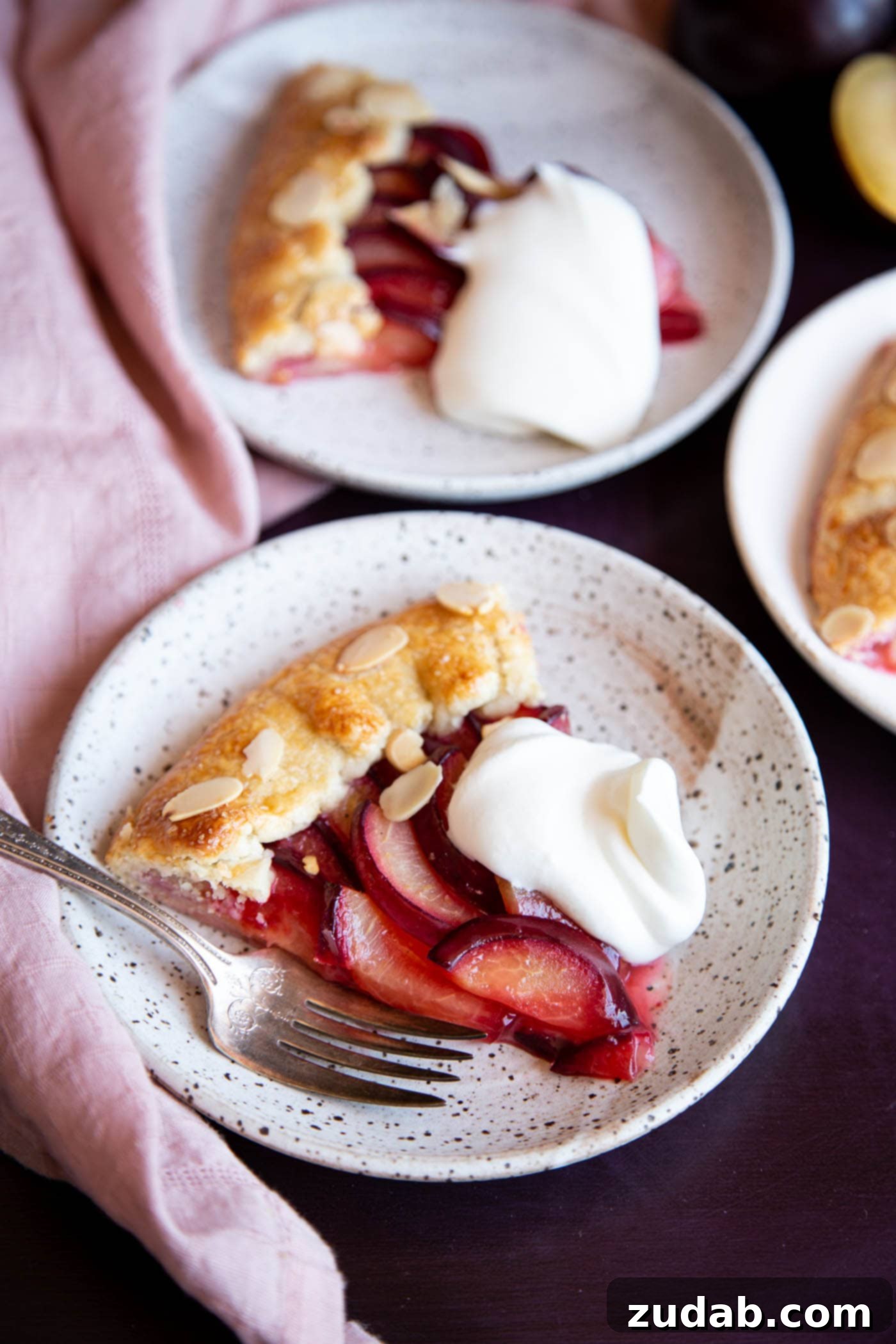 Rustic Plum Galette 5 A beautiful slice of plum galette served on a white plate, garnished with a sprig of mint or a light dusting of powdered sugar, highlighting its rich filling and golden crust.